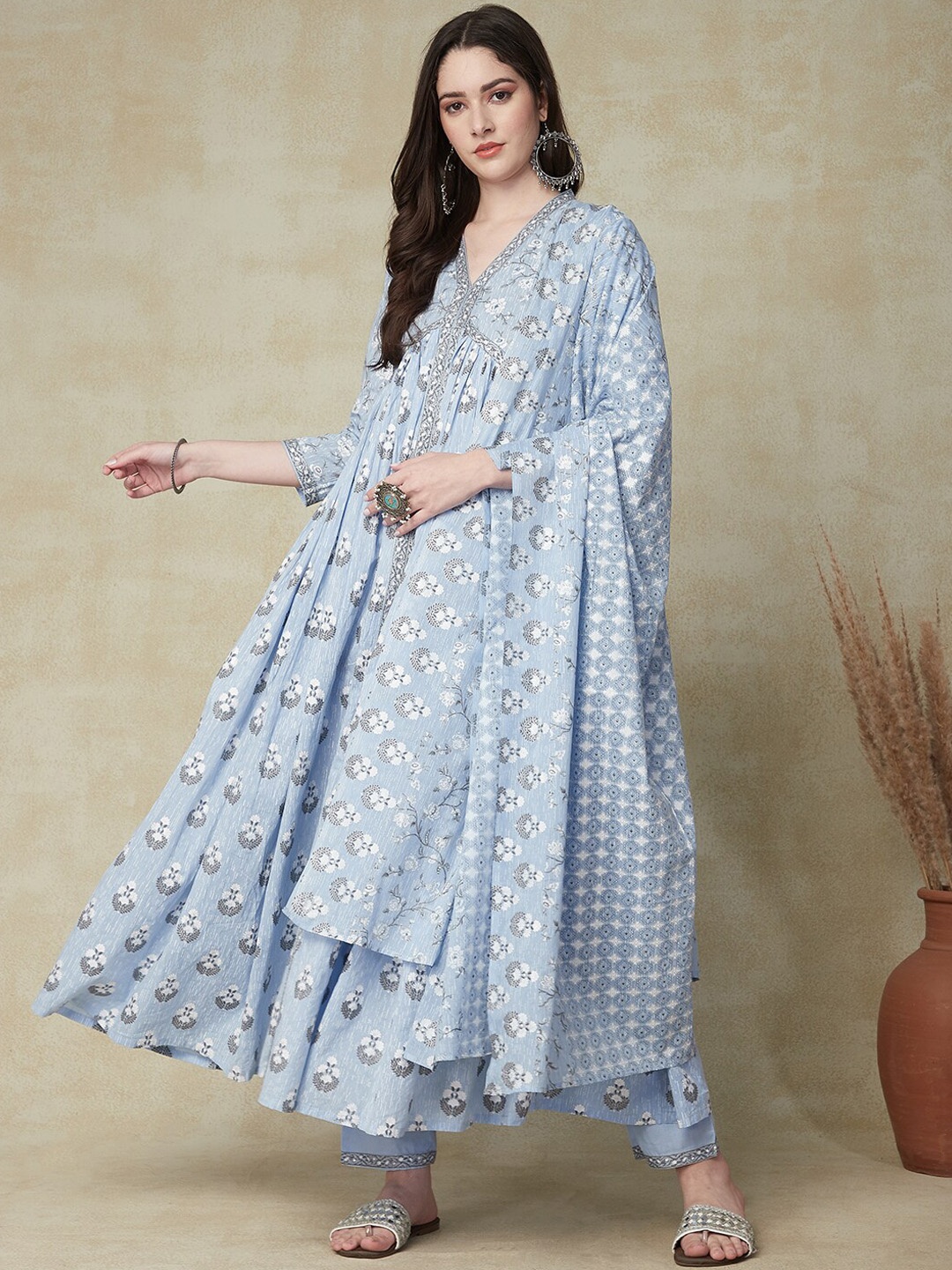 

FASHOR Blue Floral Printed Mirror Work Pure Cotton Kurta & Trousers With Dupatta