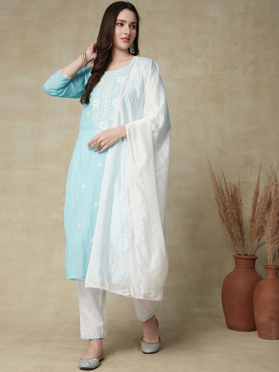 

FASHOR Blue Floral Embroidered Chikankari Pure Cotton Kurta & Trousers With Dupatta