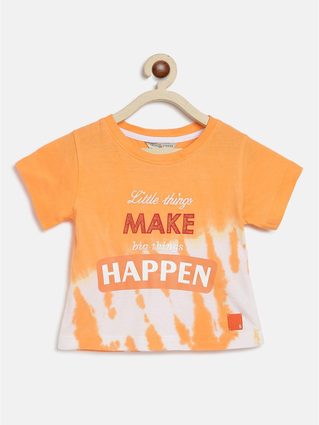 

TALES & STORIES Girls Typography Printed Embroidered Detail Cotton T-shirt, Orange