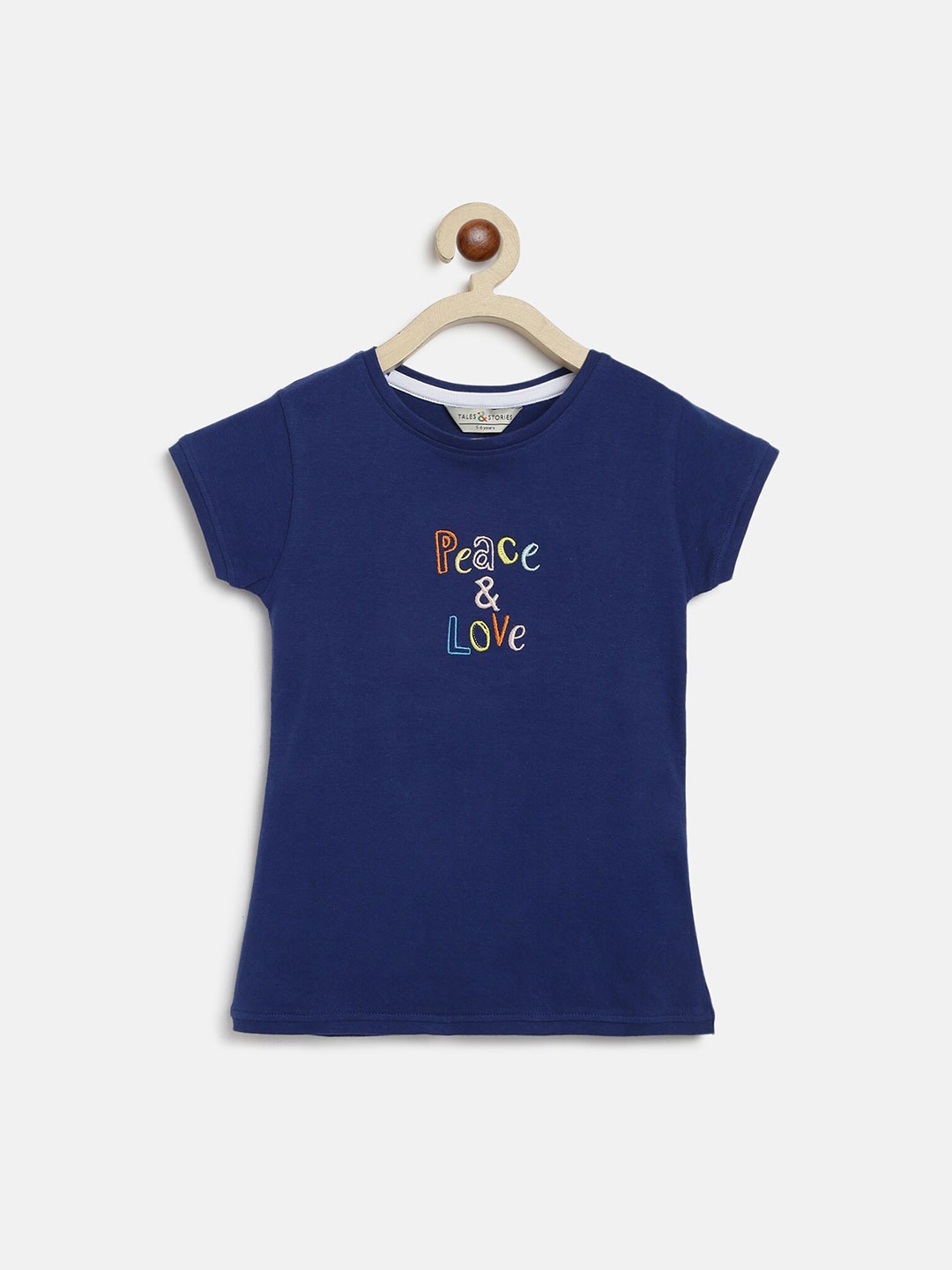 

TALES & STORIES Girls Typography Printed Embroidered Detail Cotton T-shirt, Navy blue