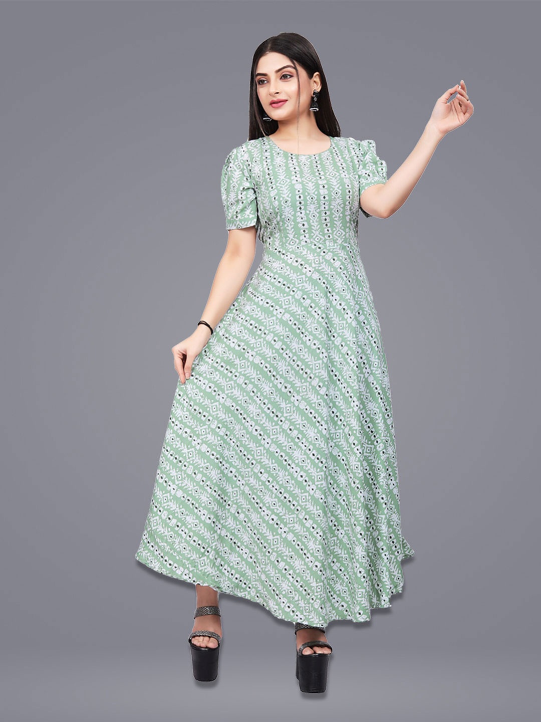 

N N ENTERPRISE Women Printed Fit and Flare Ethnic Dress, Green