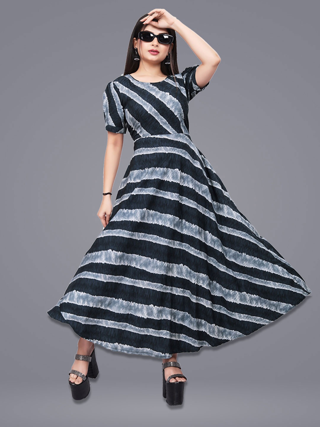 

N N ENTERPRISE Striped Puff Sleeve Fit & Flare Maxi Dress, Grey