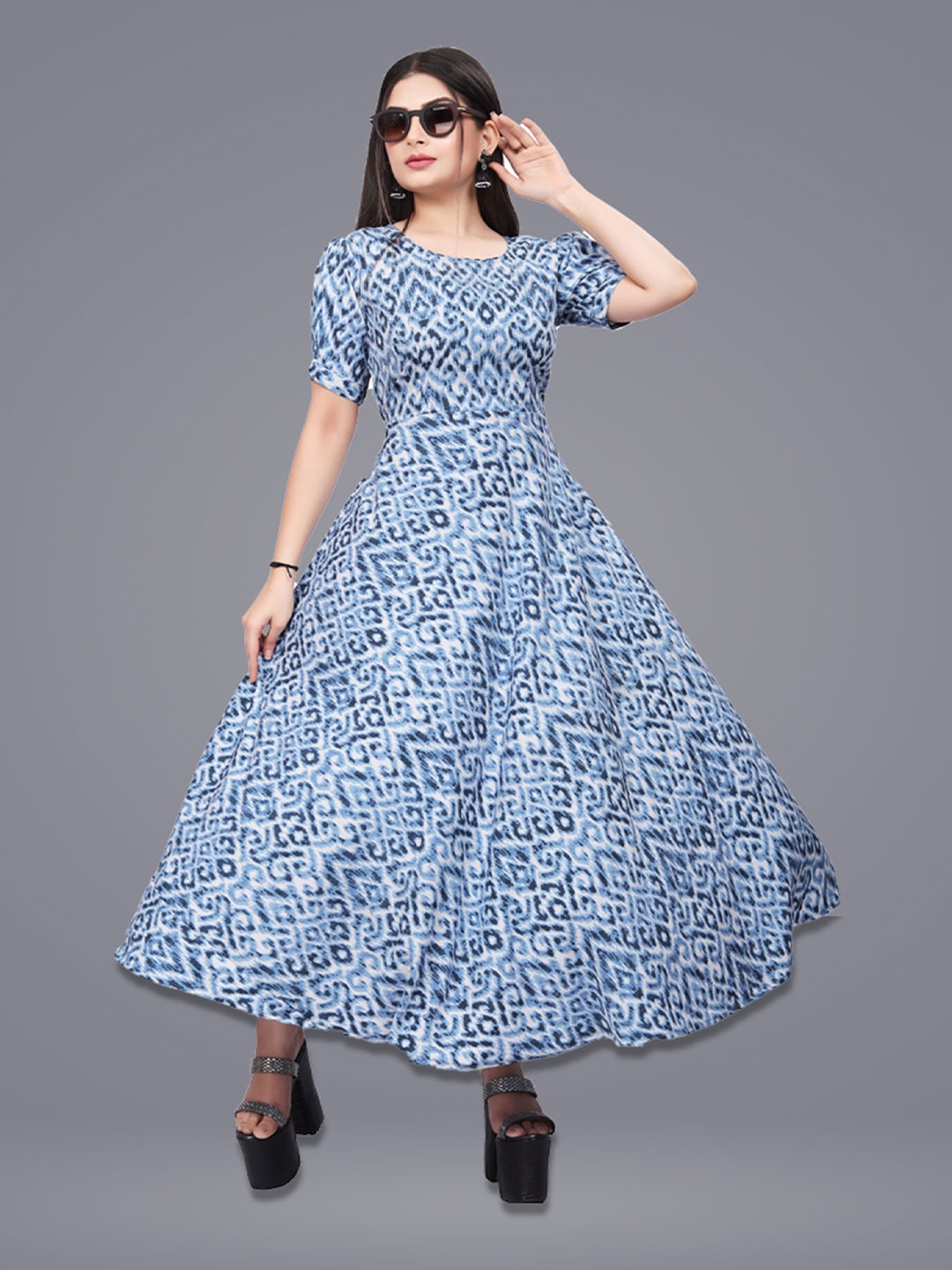 

N N ENTERPRISE Abstract Printed Puff Sleeve Fit & Flare Maxi Dress, Blue
