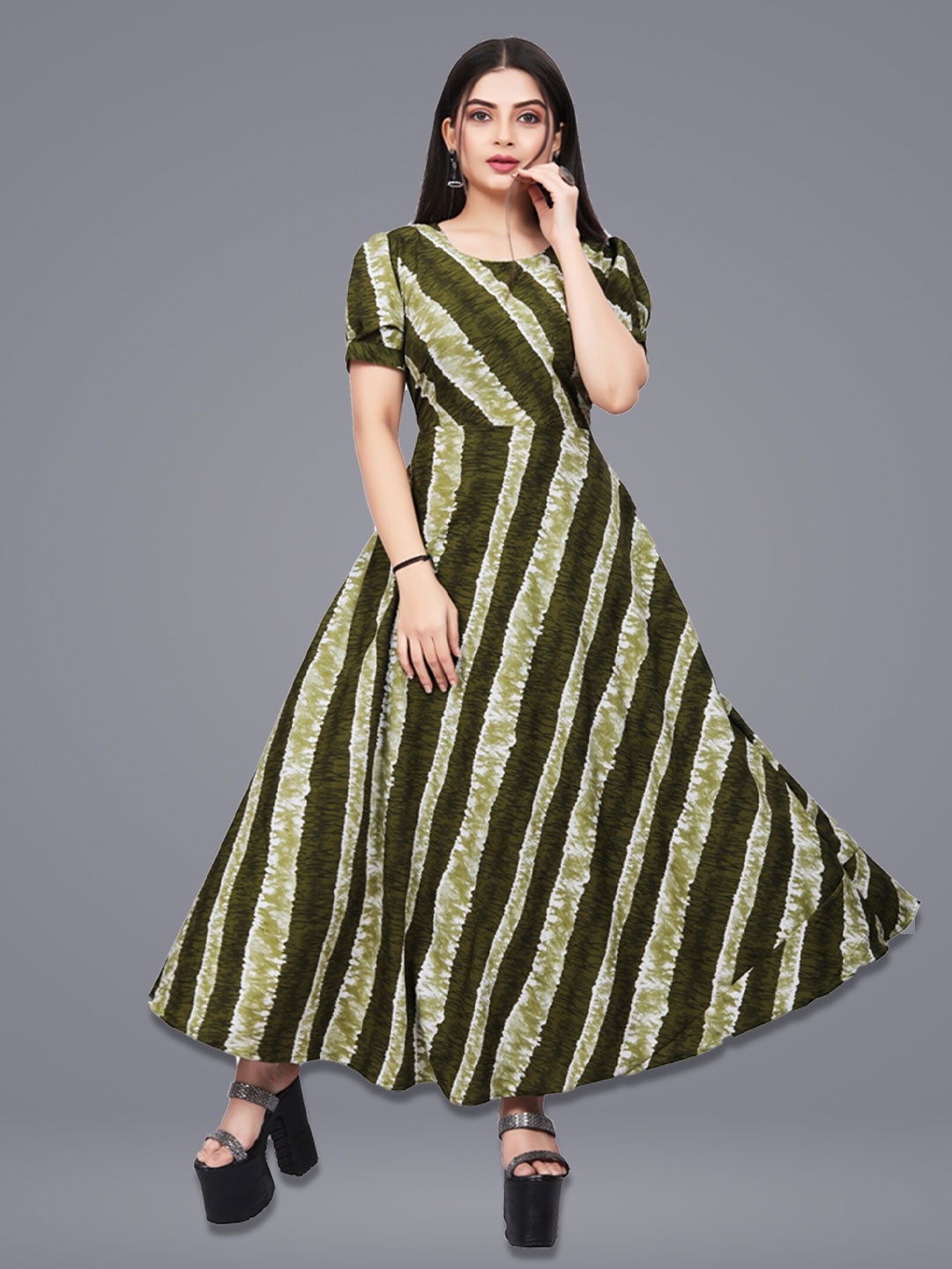 

N N ENTERPRISE Abstract Printed Puff Sleeves Fit and Flare Ethnic Dress, Olive