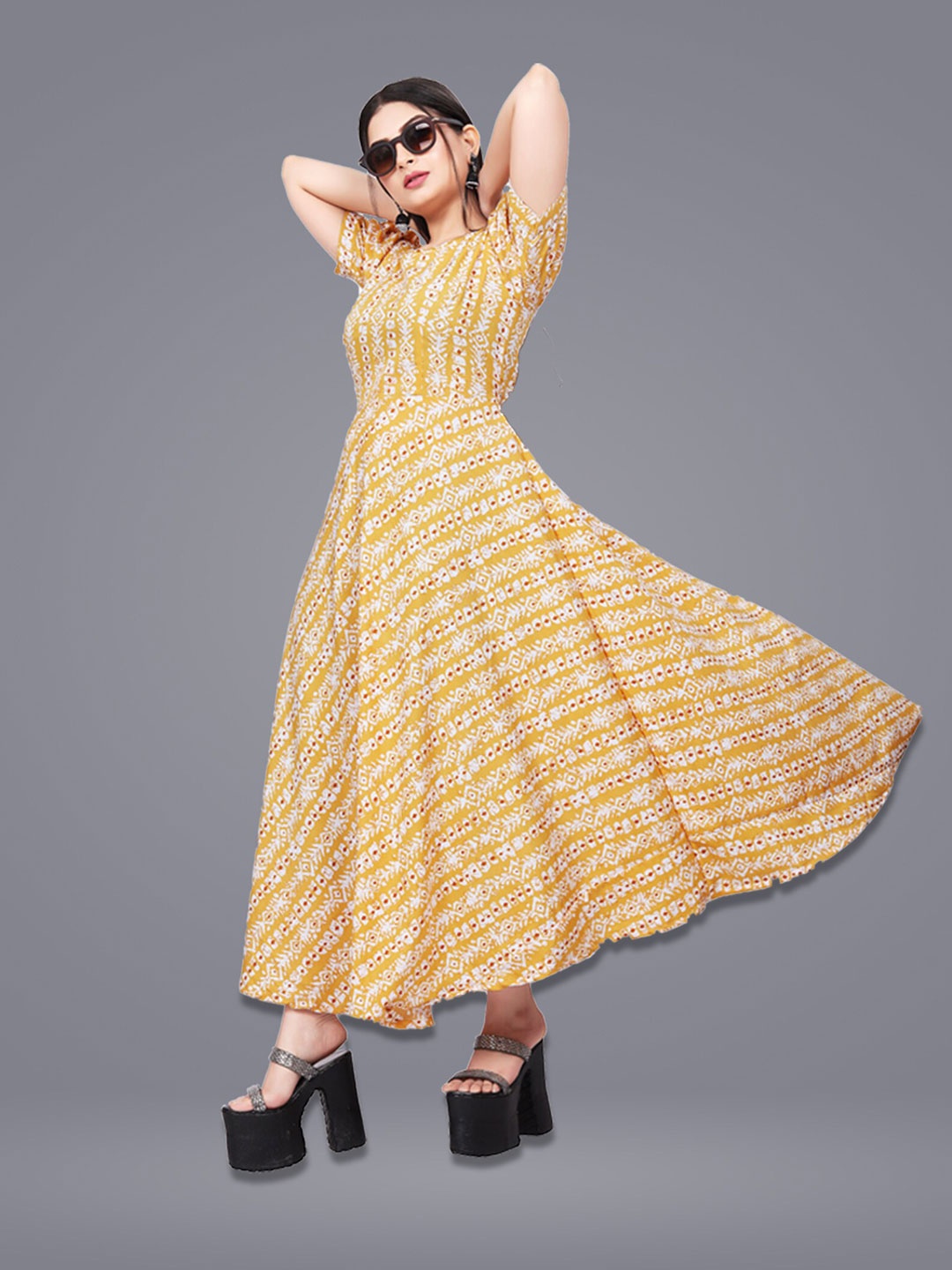 

N N ENTERPRISE Ethnic Motifs Printed Puffed Sleeves A-line Dress, Yellow