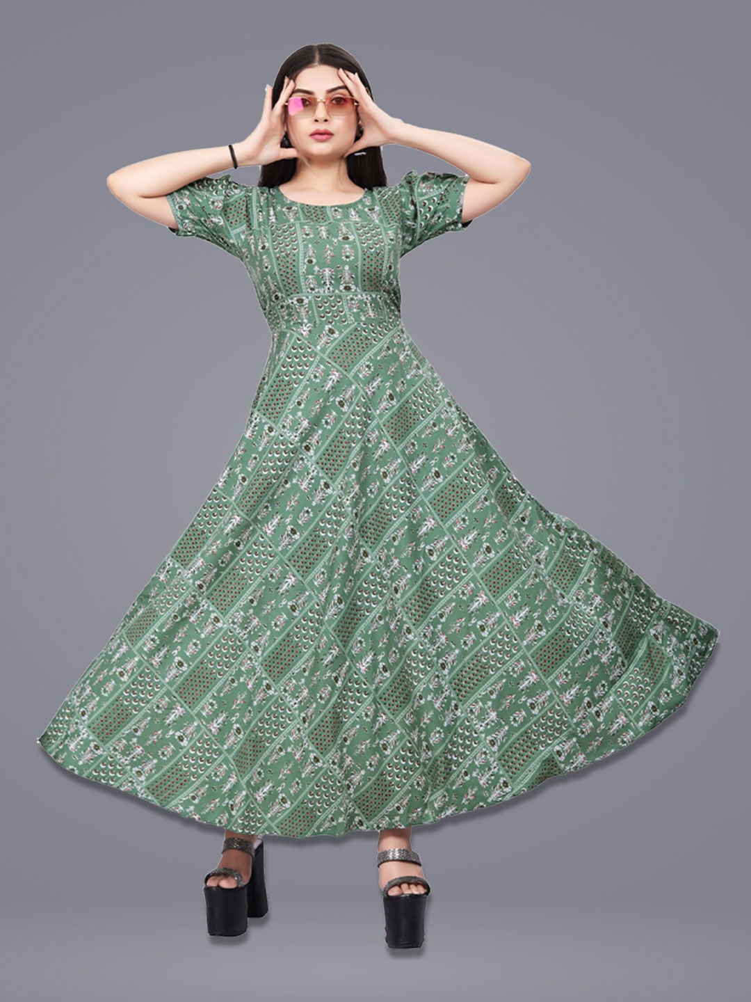 

N N ENTERPRISE Floral Printed Puffed Sleeves A-line Dress, Green
