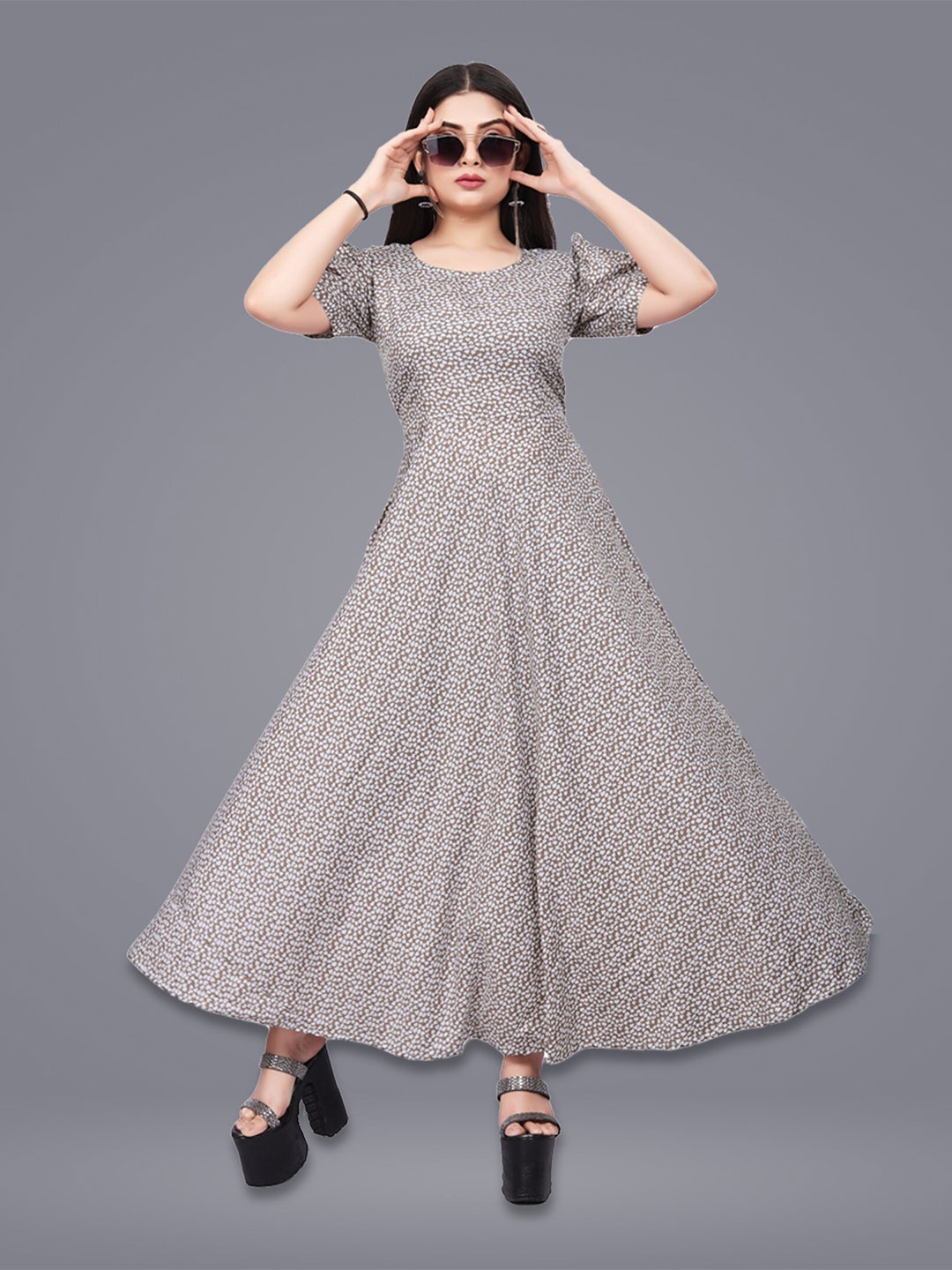 

N N ENTERPRISE Puffed Sleeves A-line Dress, Brown