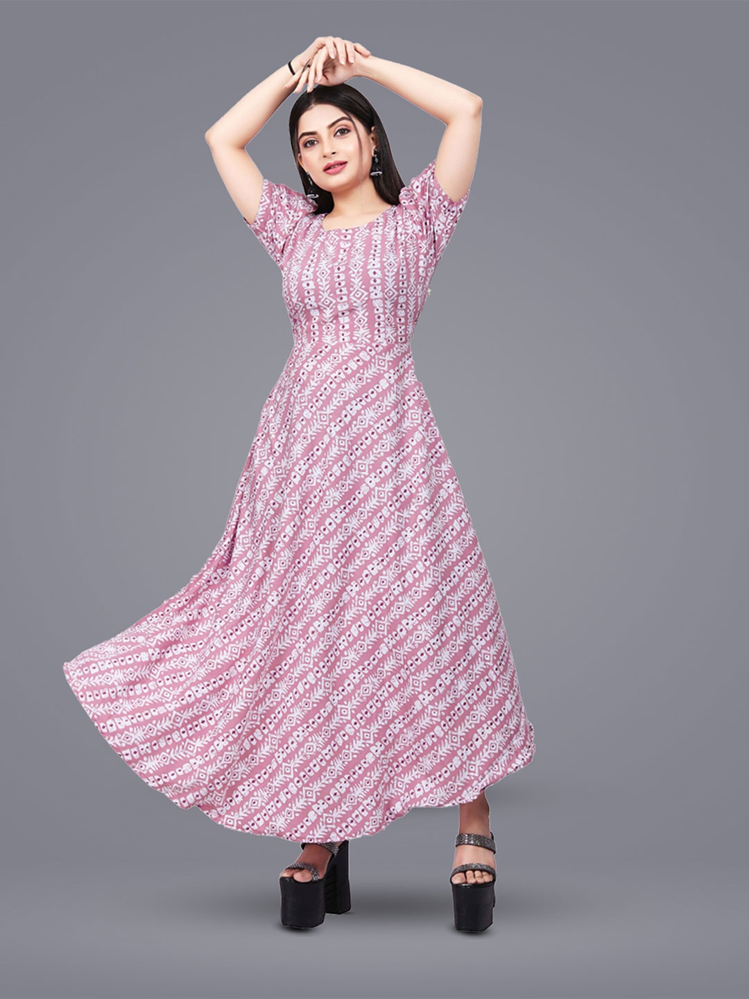 

N N ENTERPRISE Ethnic Motifs Printed Puff Sleeve Fit & Flare Maxi Dress, Pink