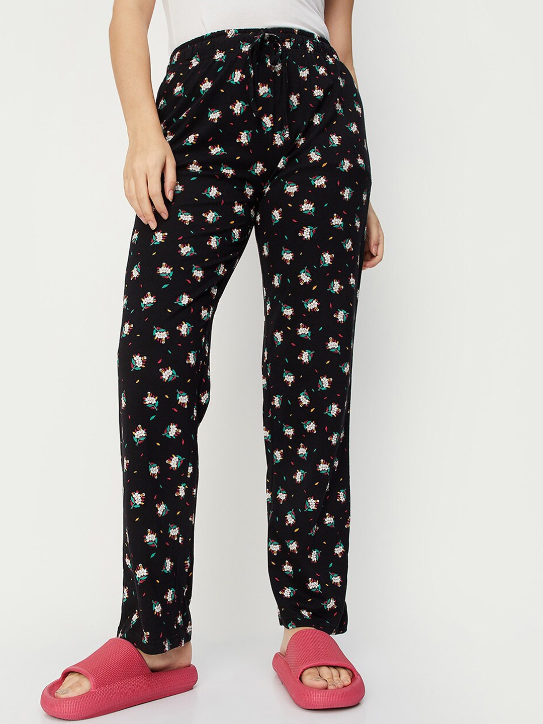 

max Women Floral Printed Pure Cotton Lounge Pants, Black