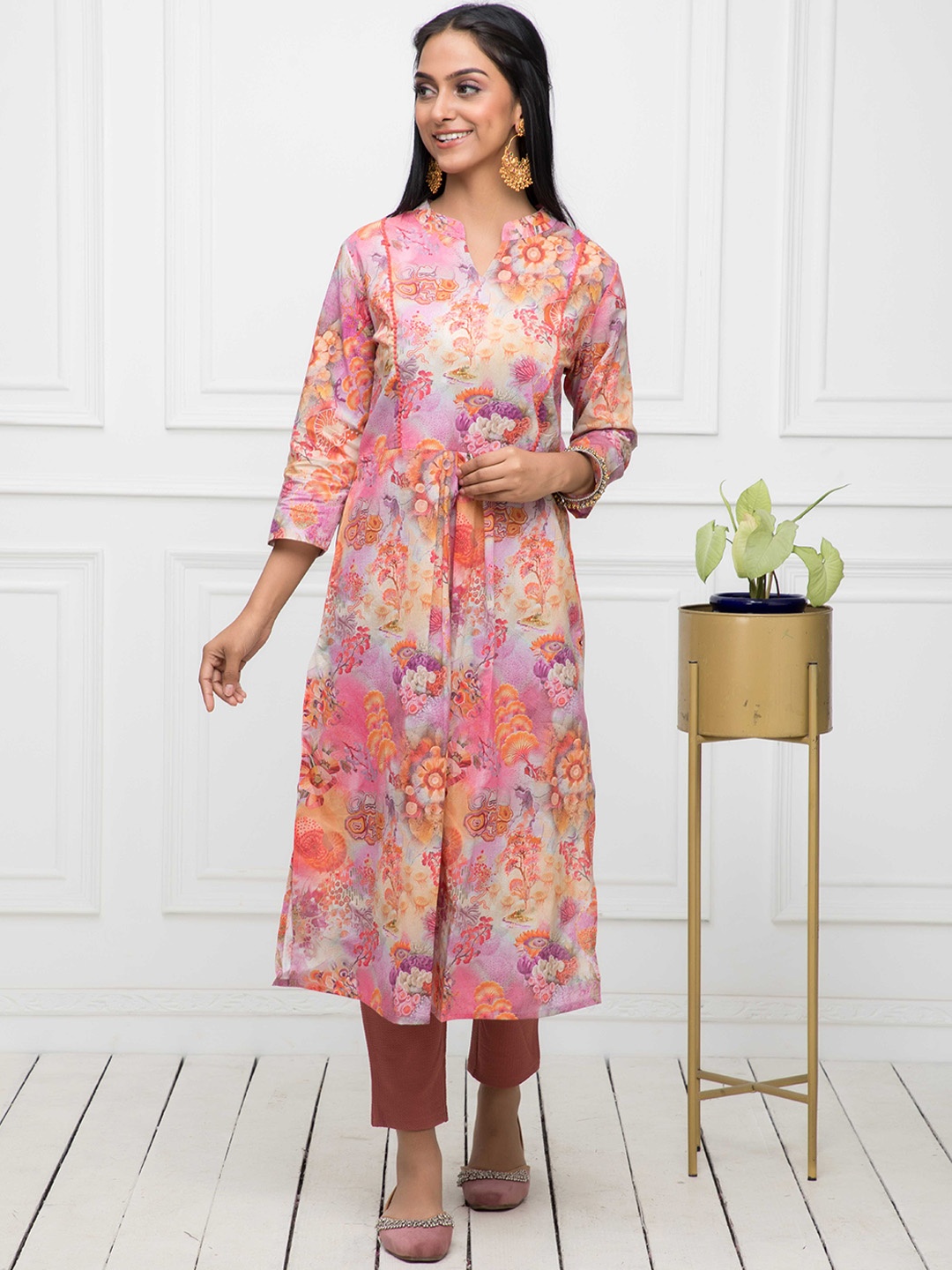 

Sangria Pink Floral Printed Cotton A-line Kurta