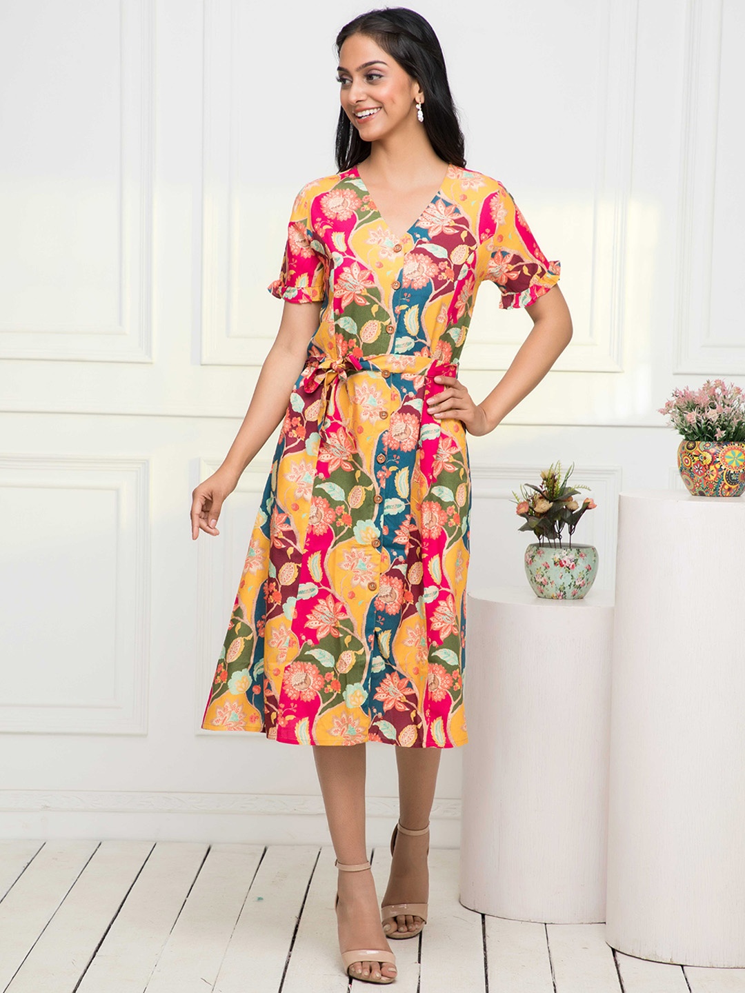 

Sangria Floral Printed Belted A Line Dress, Yellow