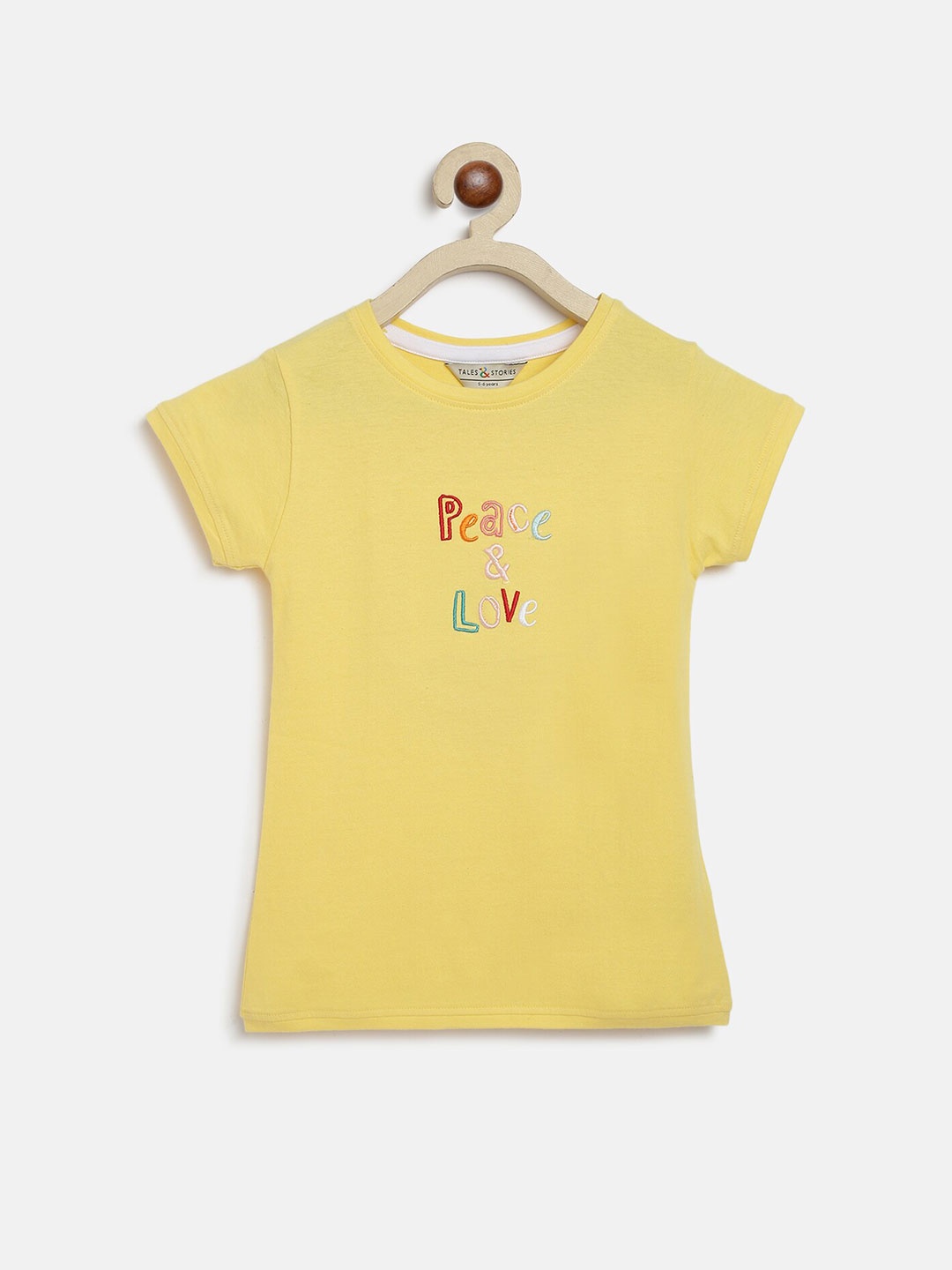 

TALES & STORIES Girls Typography Printed Embroidered Detail Cotton T-shirt, Yellow
