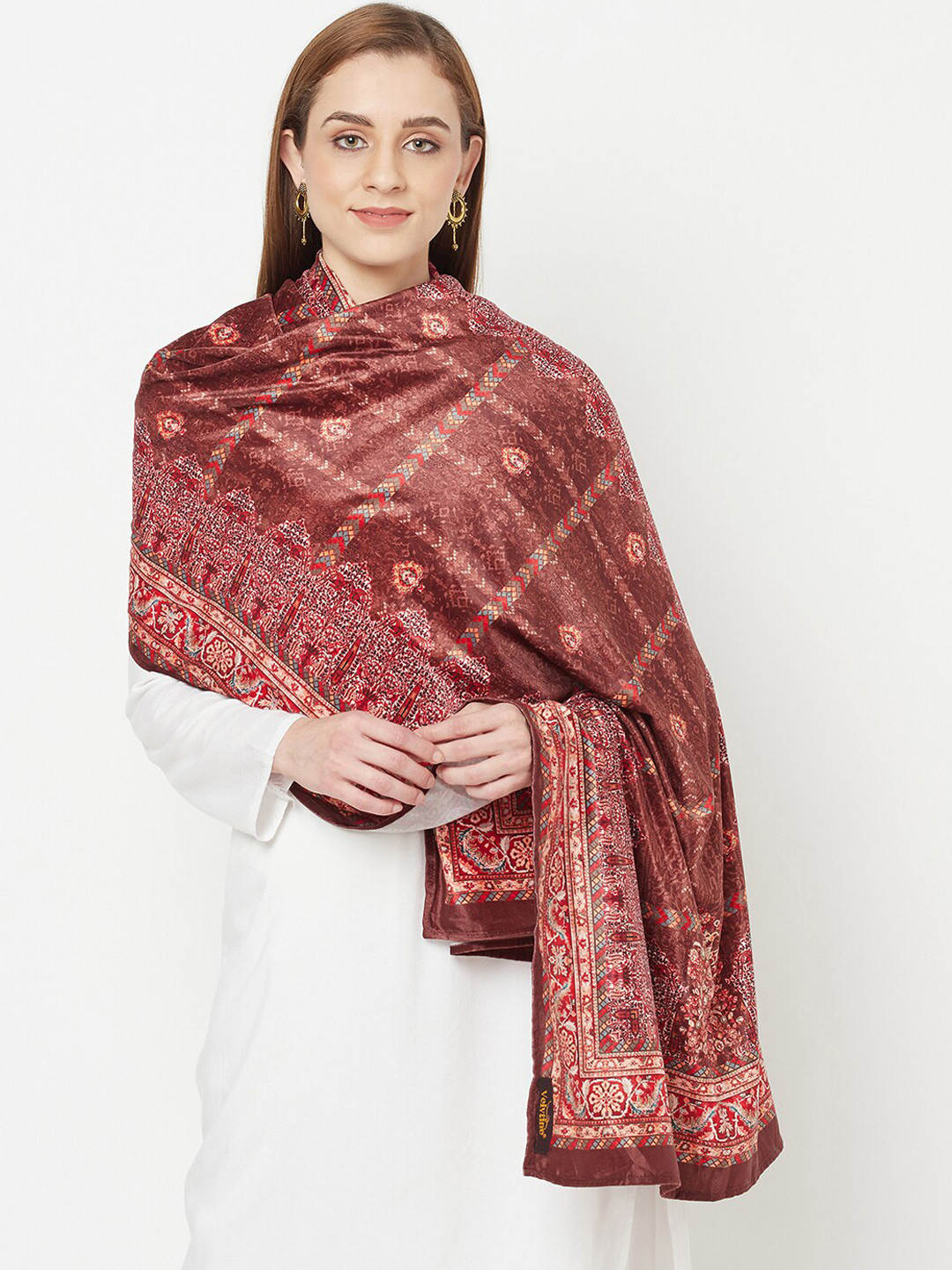 

VELVTINE Ethnic Motifs Printed Velvet Shawl, Brown