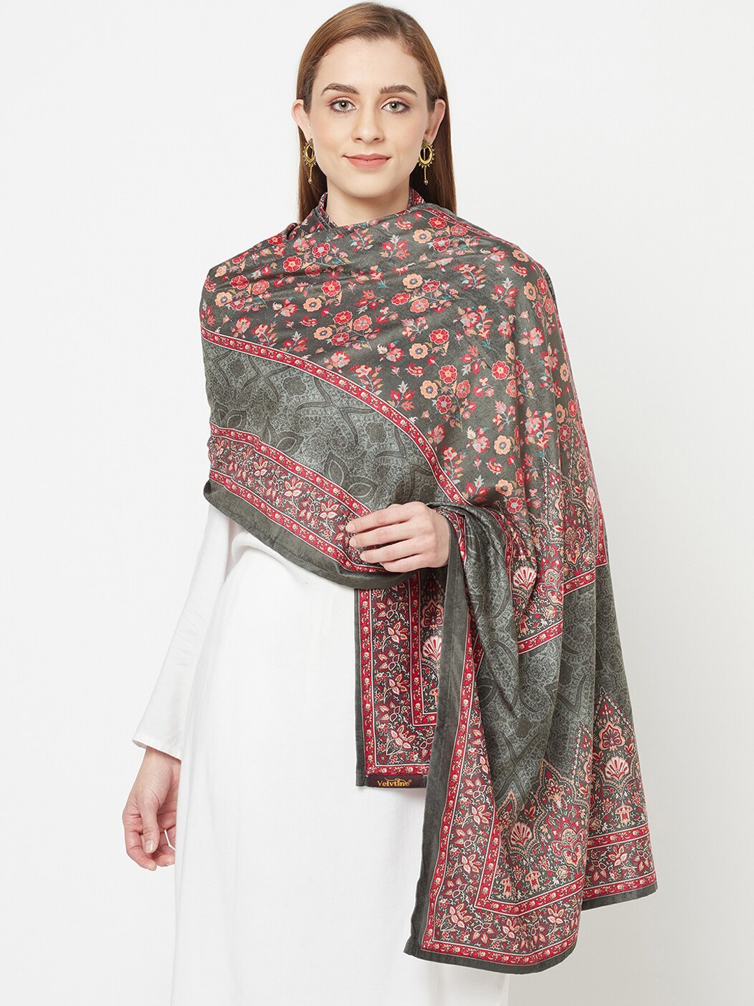 

VELVTINE Ethnic Motifs Printed Velvet Shawl, Olive