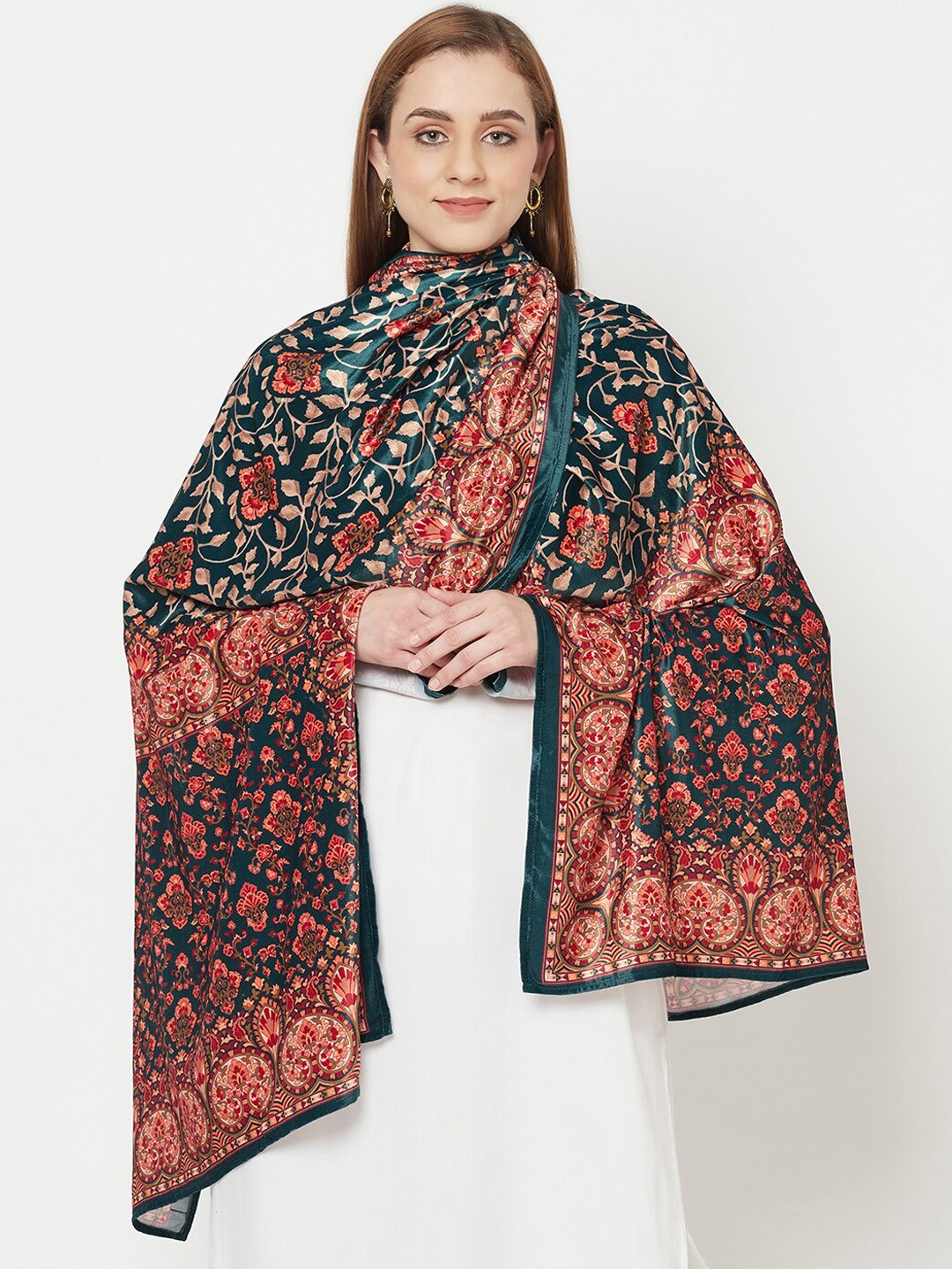 

VELVTINE Ethnic Motifs Printed Velvet Shawl, Green
