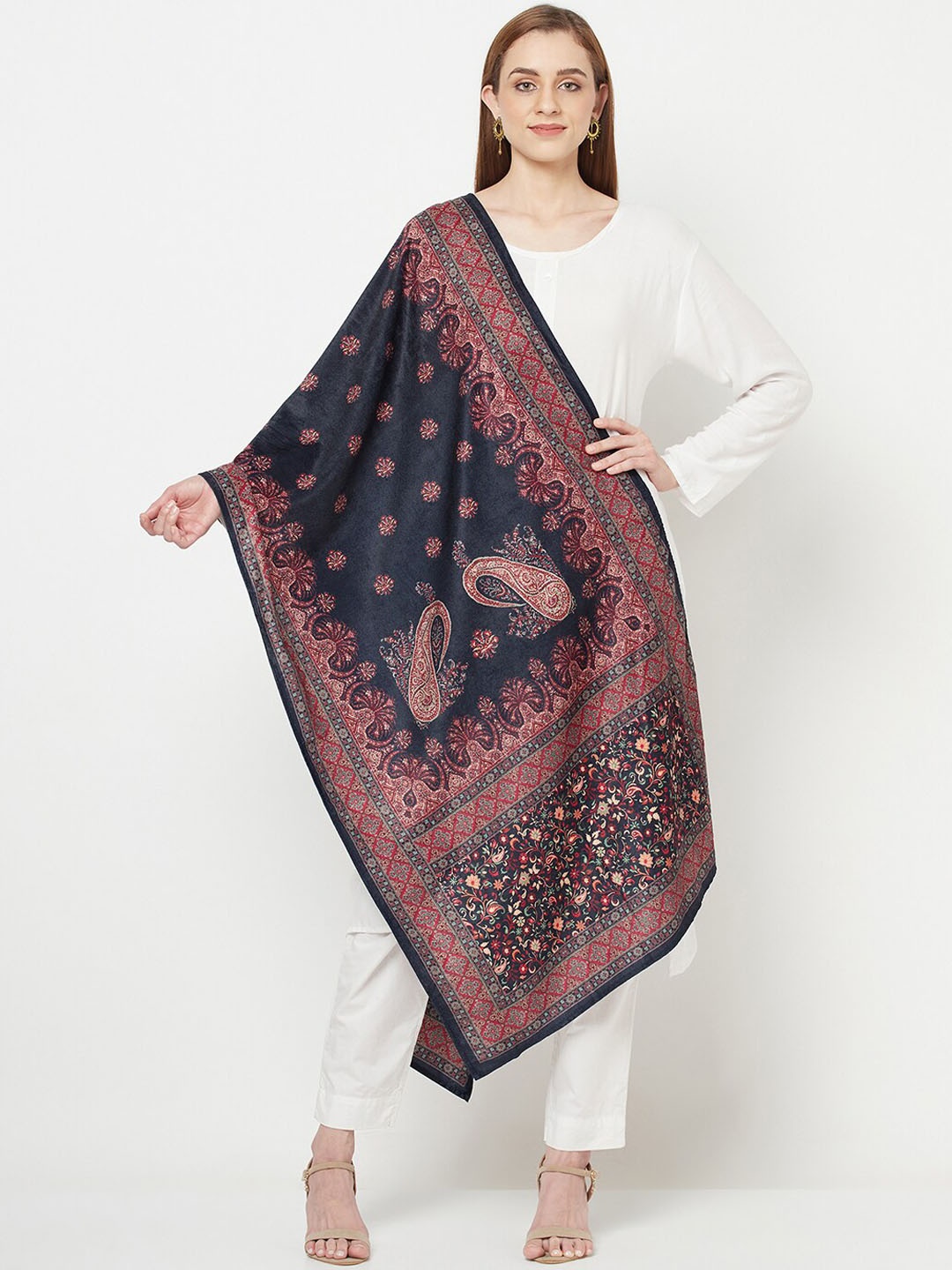 

VELVTINE Ethnic Motifs Printed Velvet Shawl, Black