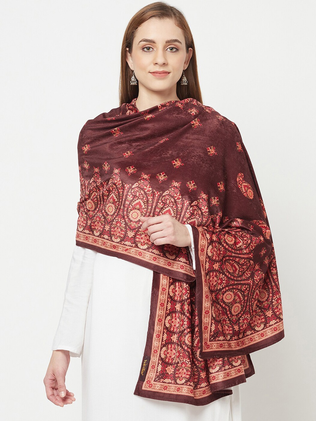 

VELVTINE Ethnic Motifs Printed Velvet Shawl, Brown