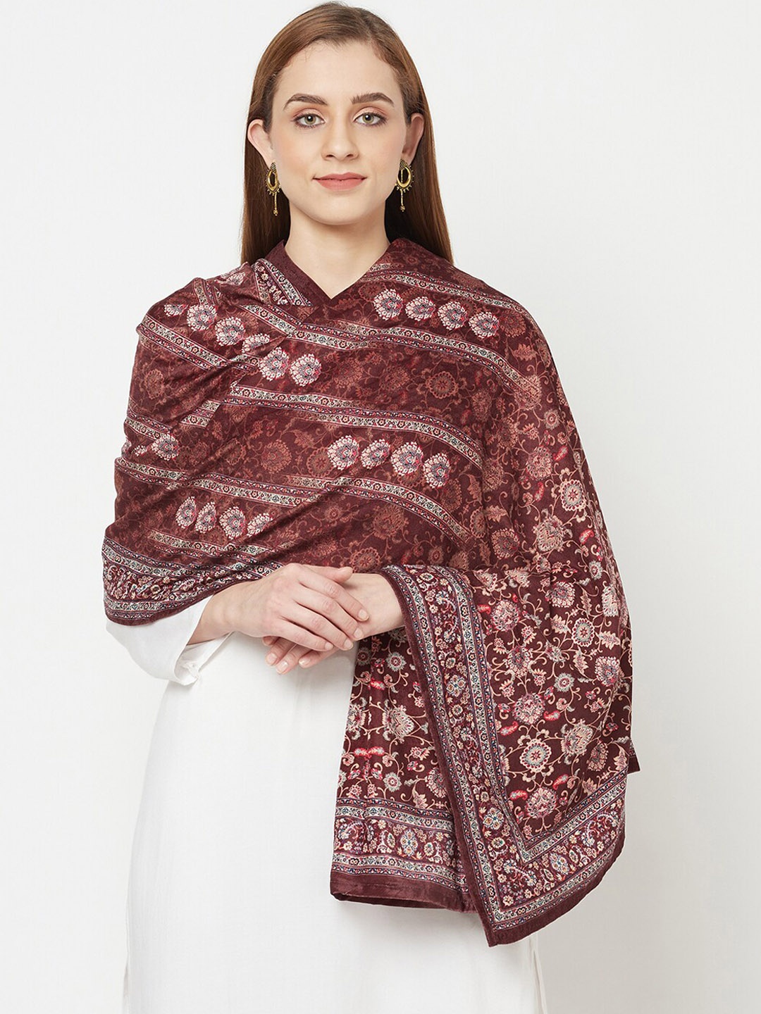 

VELVTINE Ethnic Motifs Printed Velvet Shawl, Brown