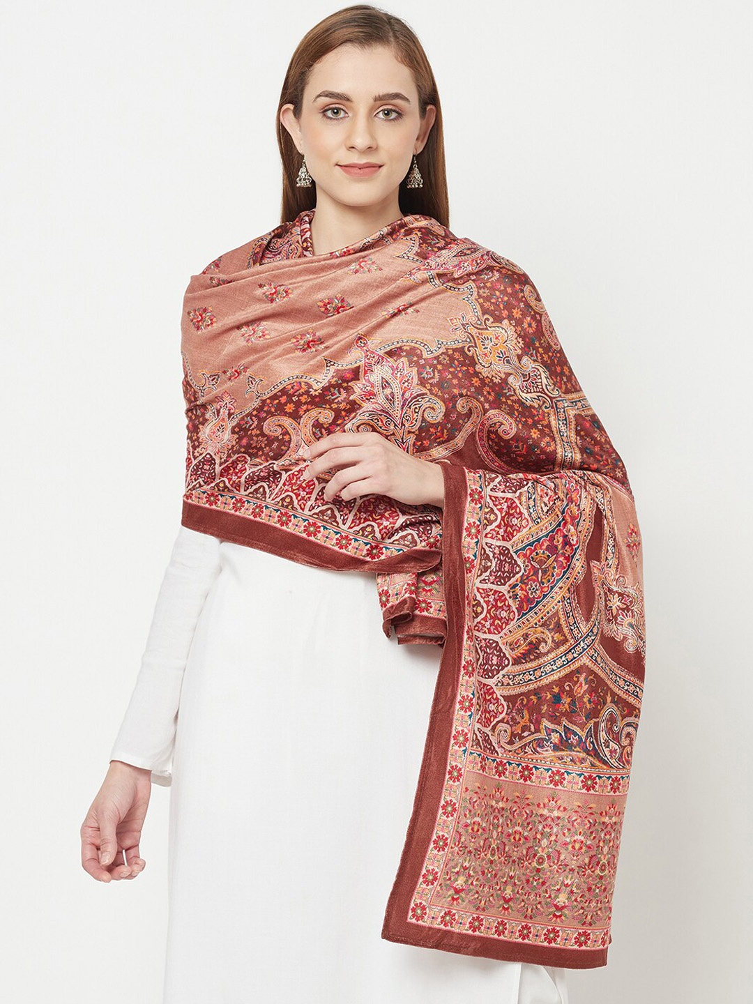 

VELVTINE Ethnic Motifs Printed Velvet Shawl, Brown