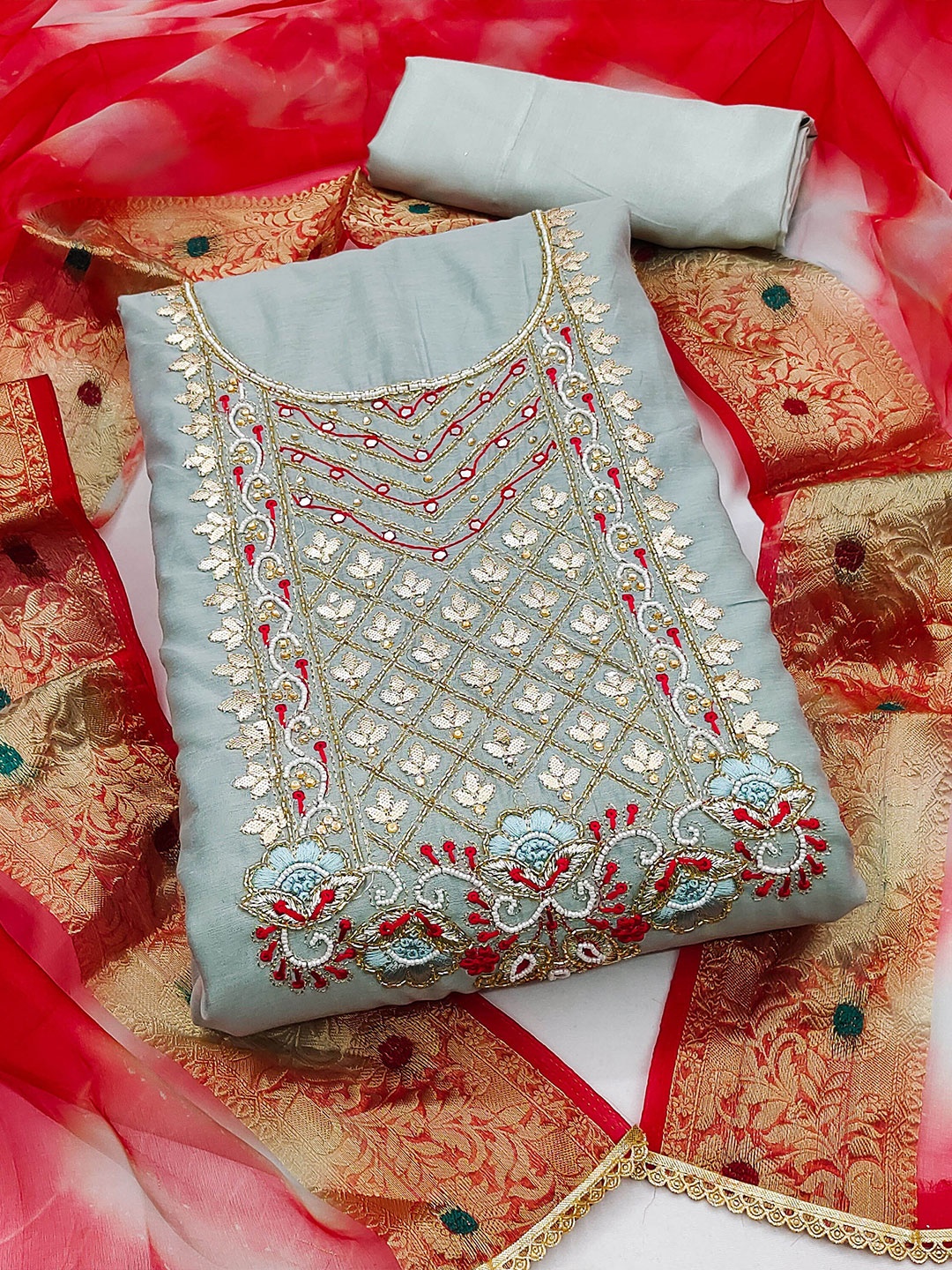 

MANVAA Embellished Unstitched Dress Material, Sea green