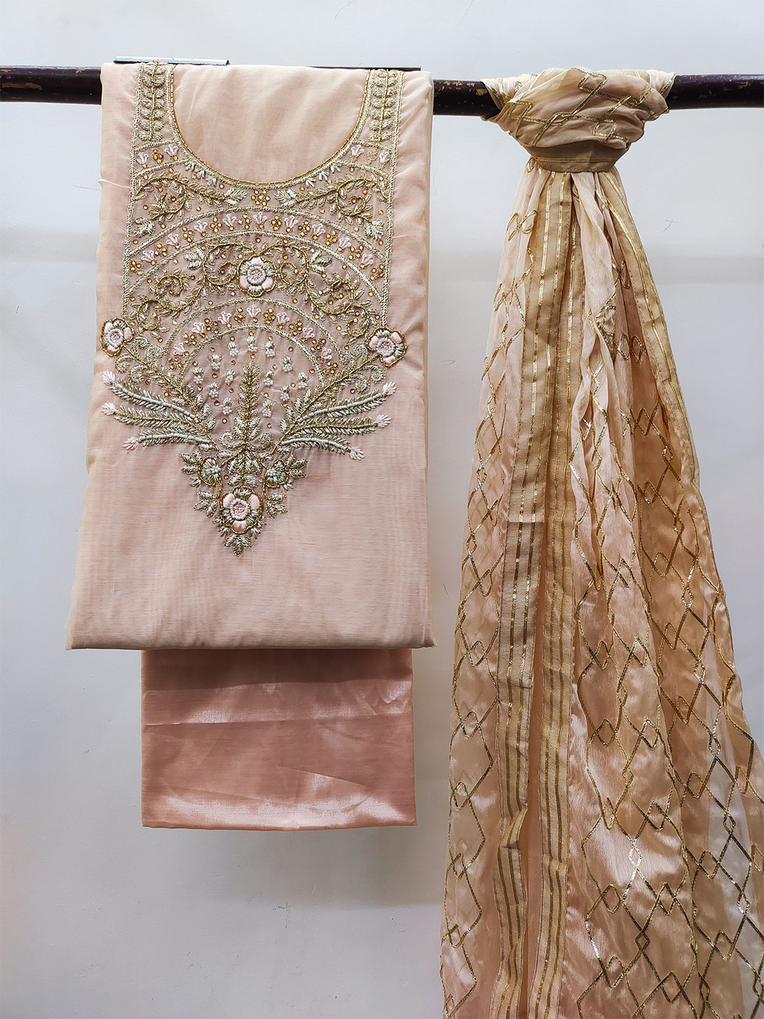 

MANVAA Embellished Unstitched Dress Material, Beige