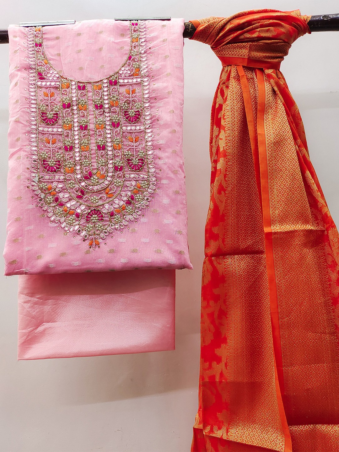 

MANVAA Embellished Pure Silk Unstitched Dress Material, Pink