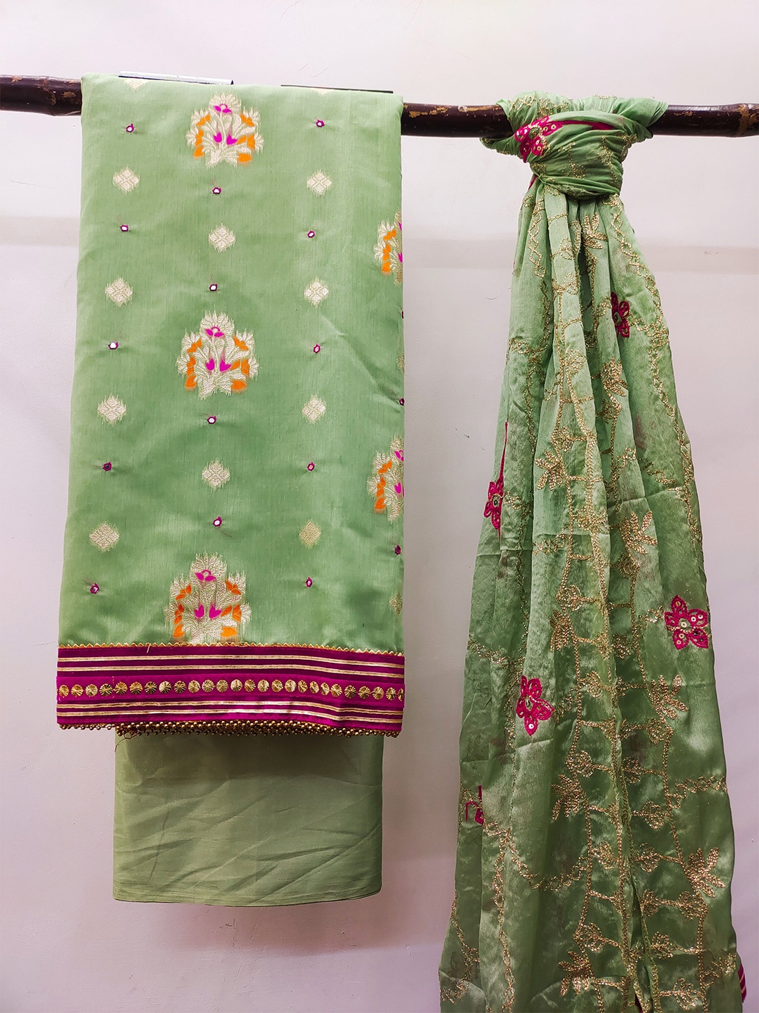 

MANVAA Pure Silk Unstitched Dress Material, Olive