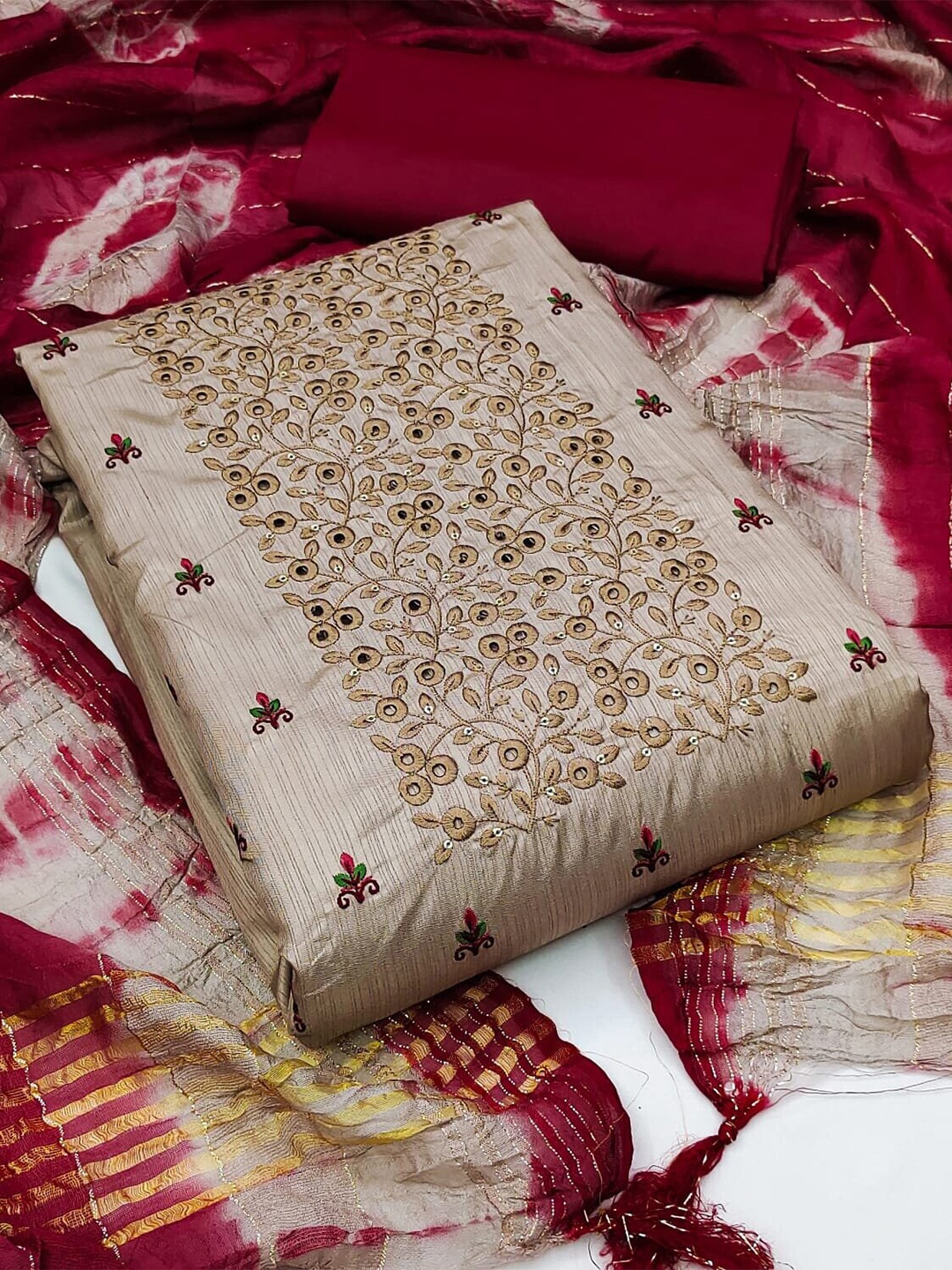 

MANVAA Embroidered Pure Silk Unstitched Dress Material, Grey