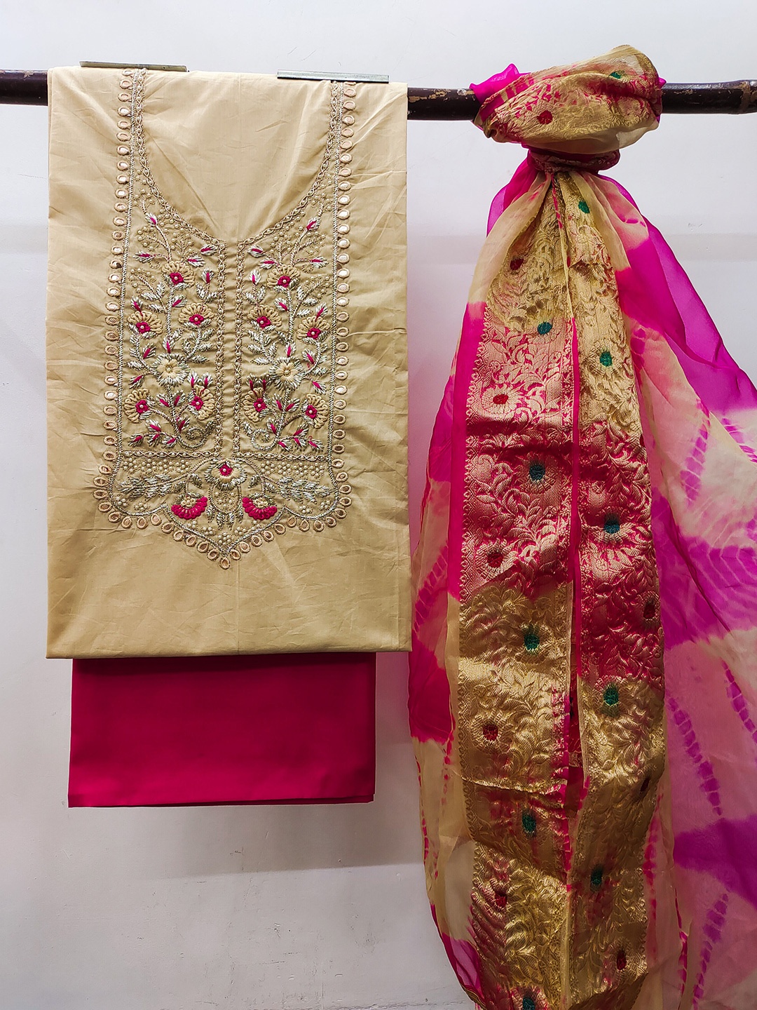 

MANVAA Embroidered Unstitched Dress Material, Beige