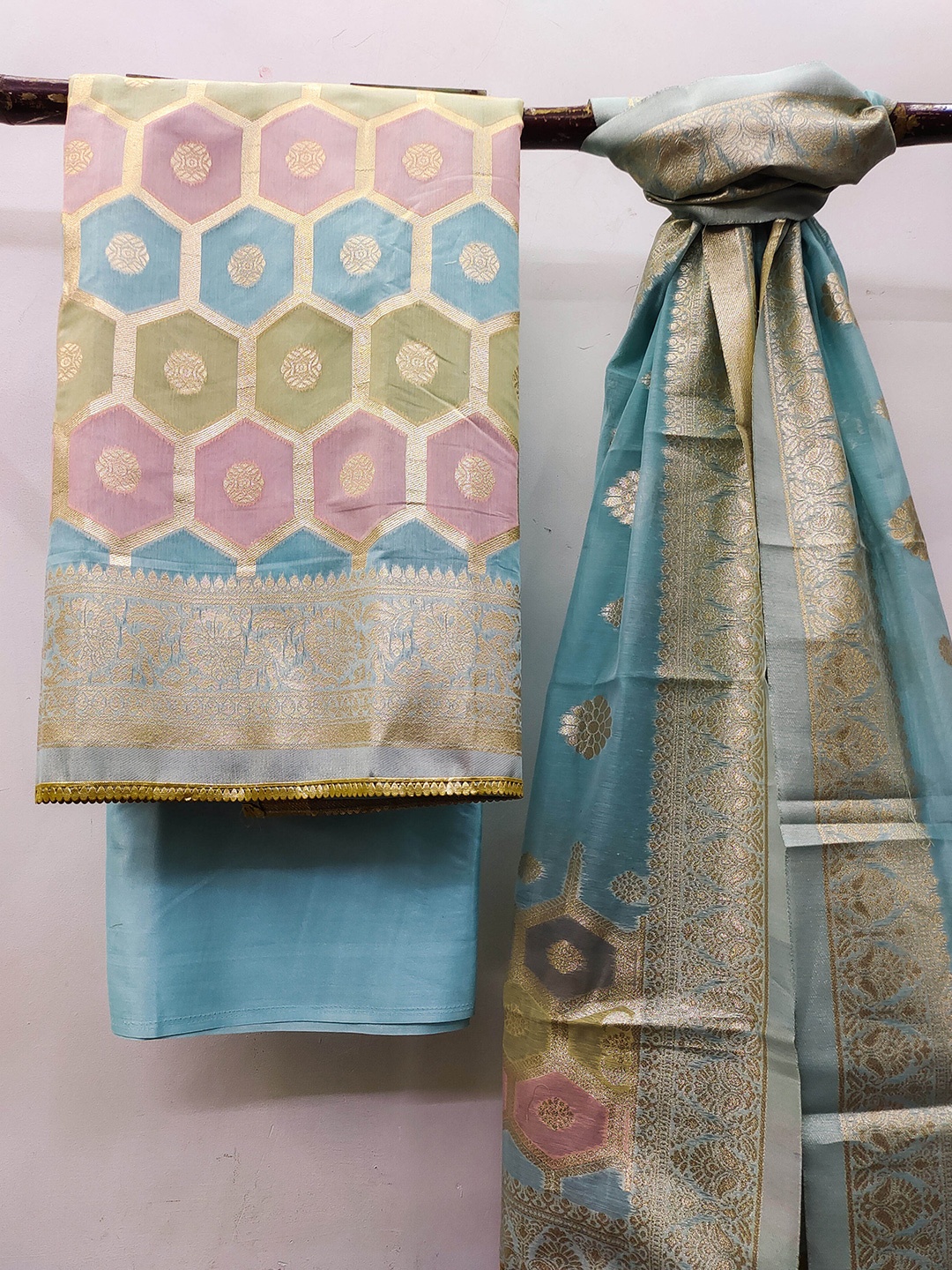 

MANVAA Pure Silk Unstitched Dress Material, Blue