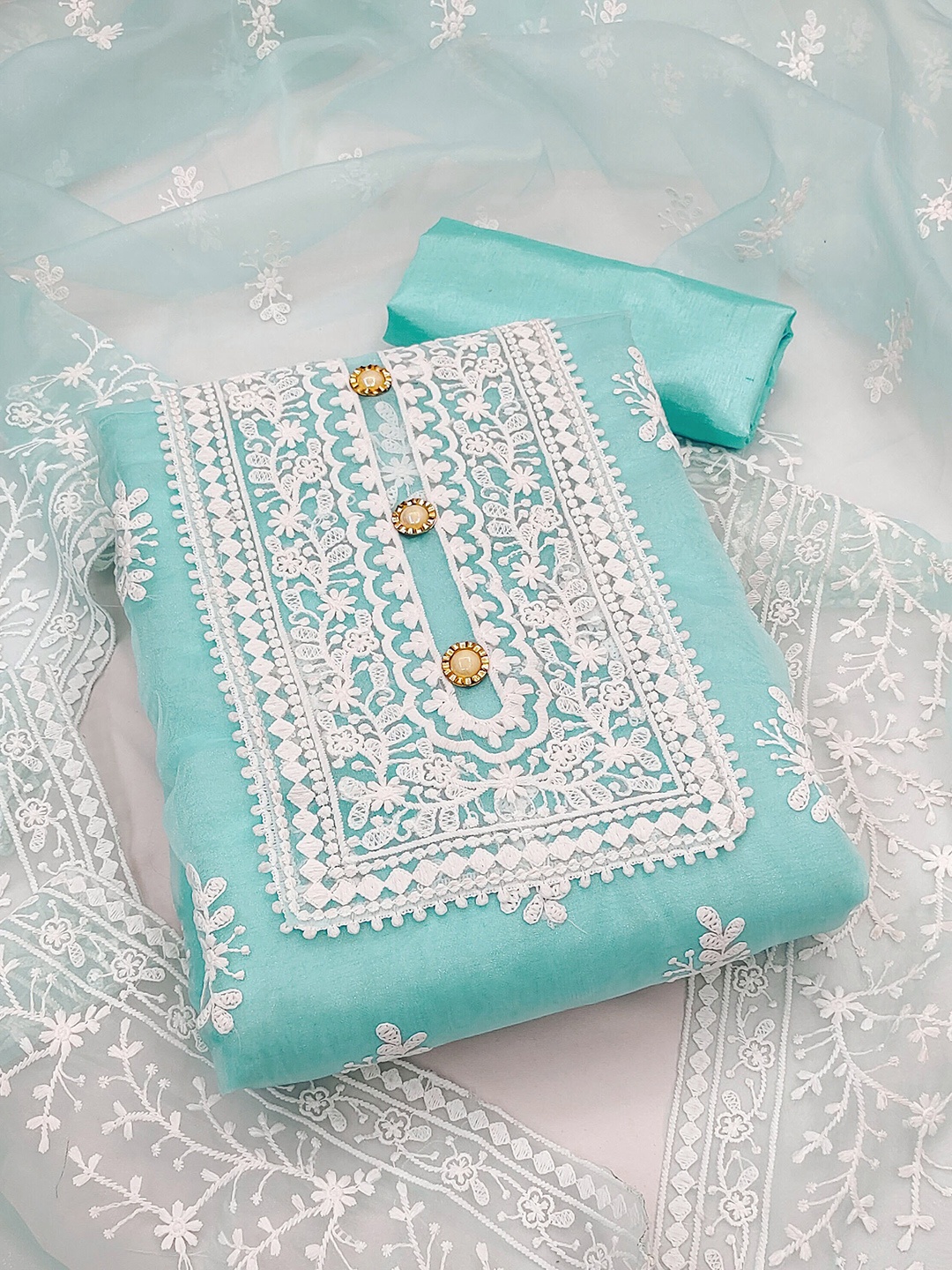 

MANVAA Embroidered Organza Unstitched Dress Material, Sea green