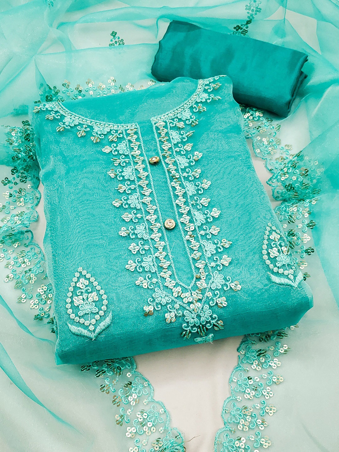 

MANVAA Embroidered Organza Unstitched Dress Material, Sea green
