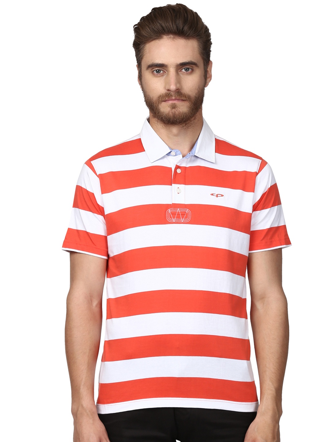 

ColorPlus Men White & Coral Red Striped Polo Collar T-shirt