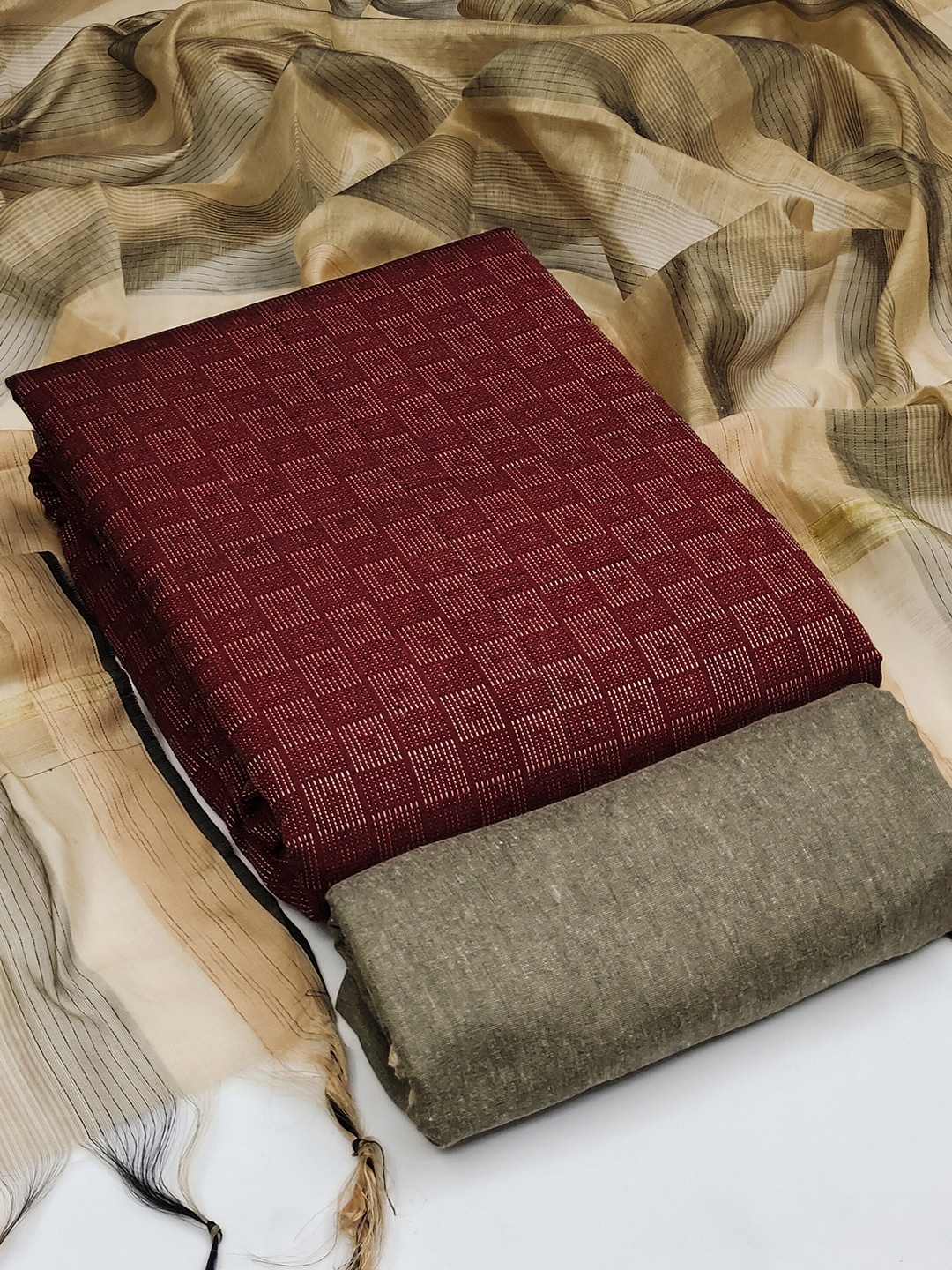 

MANVAA Pure Cotton Unstitched Dress Material, Maroon
