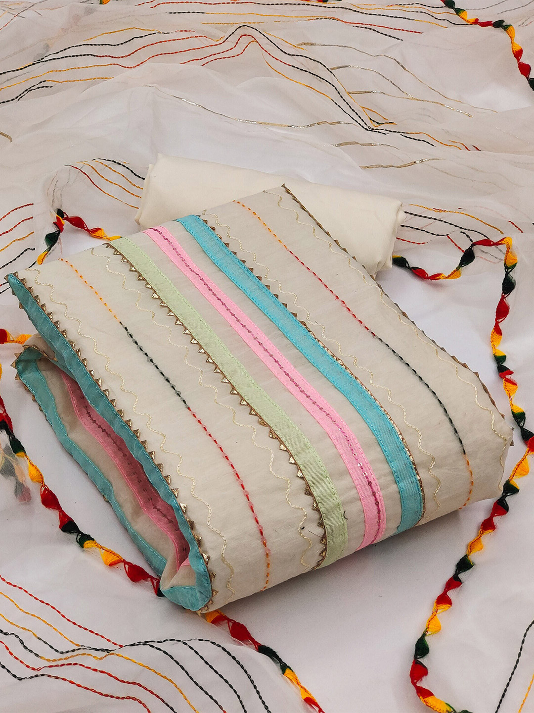

MANVAA Embroidered Unstitched Dress Material, Off white