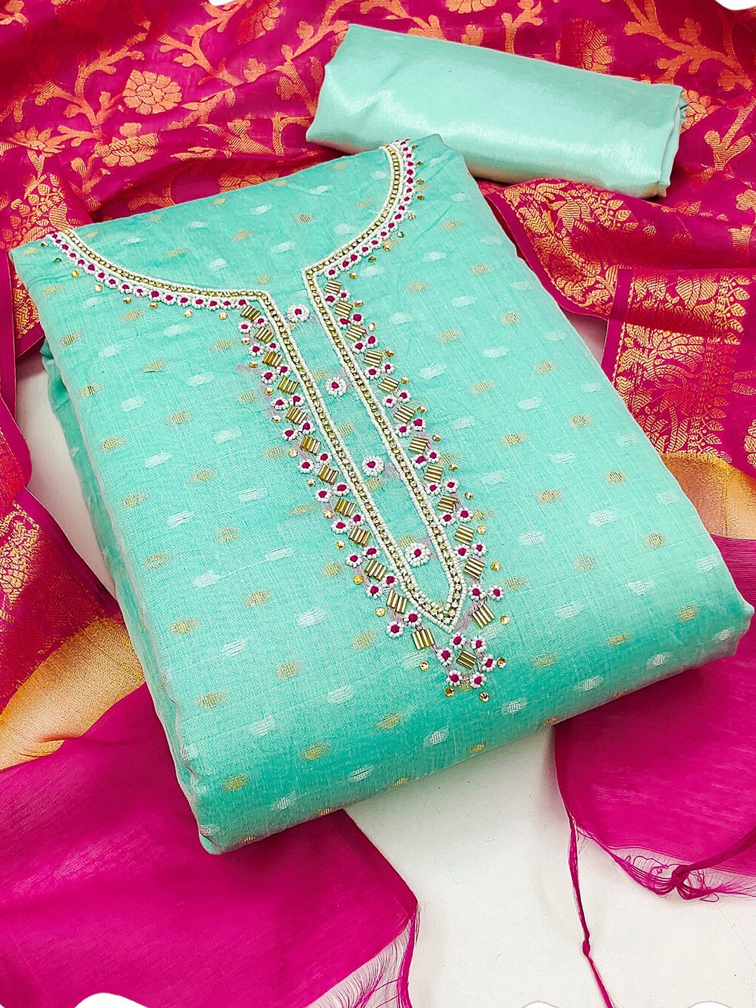 

MANVAA Pure Silk Unstitched Dress Material, Sea green