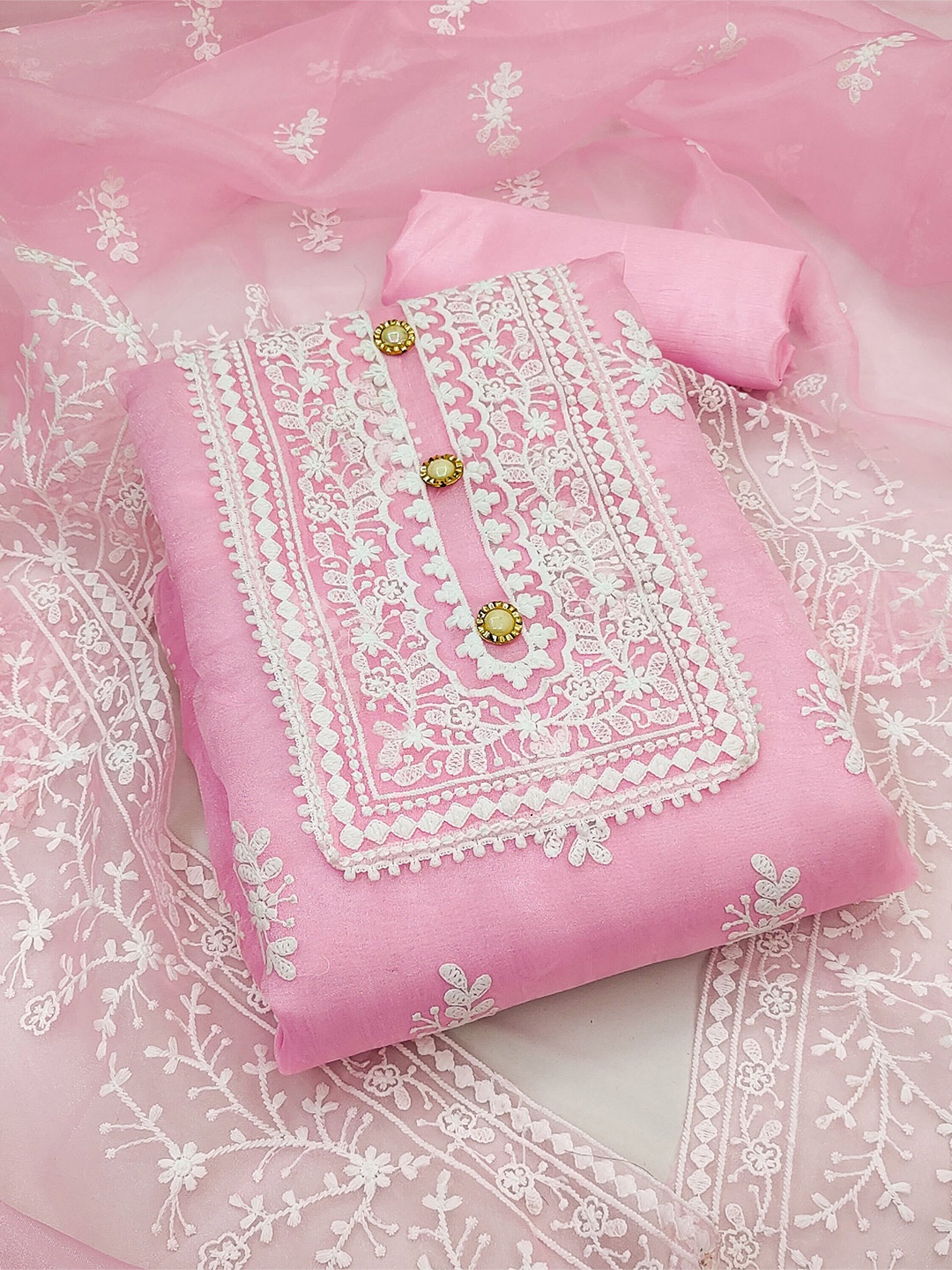 

MANVAA Embroidered Organza Unstitched Dress Material, Pink