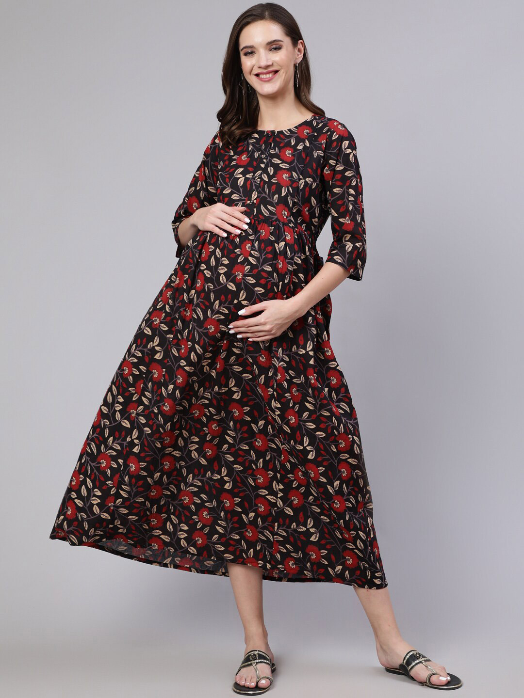 

Nayo Black Floral Print Maternity Fit & Flare Midi Dress