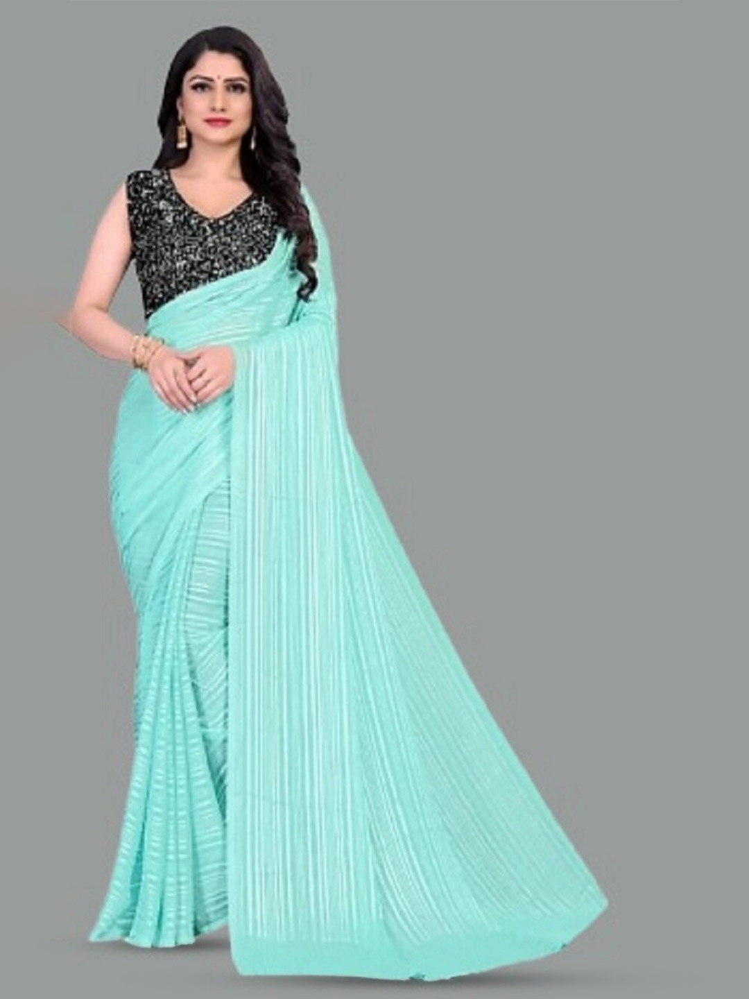 

APNISHA Striped Pure Georgette Saree, Turquoise blue