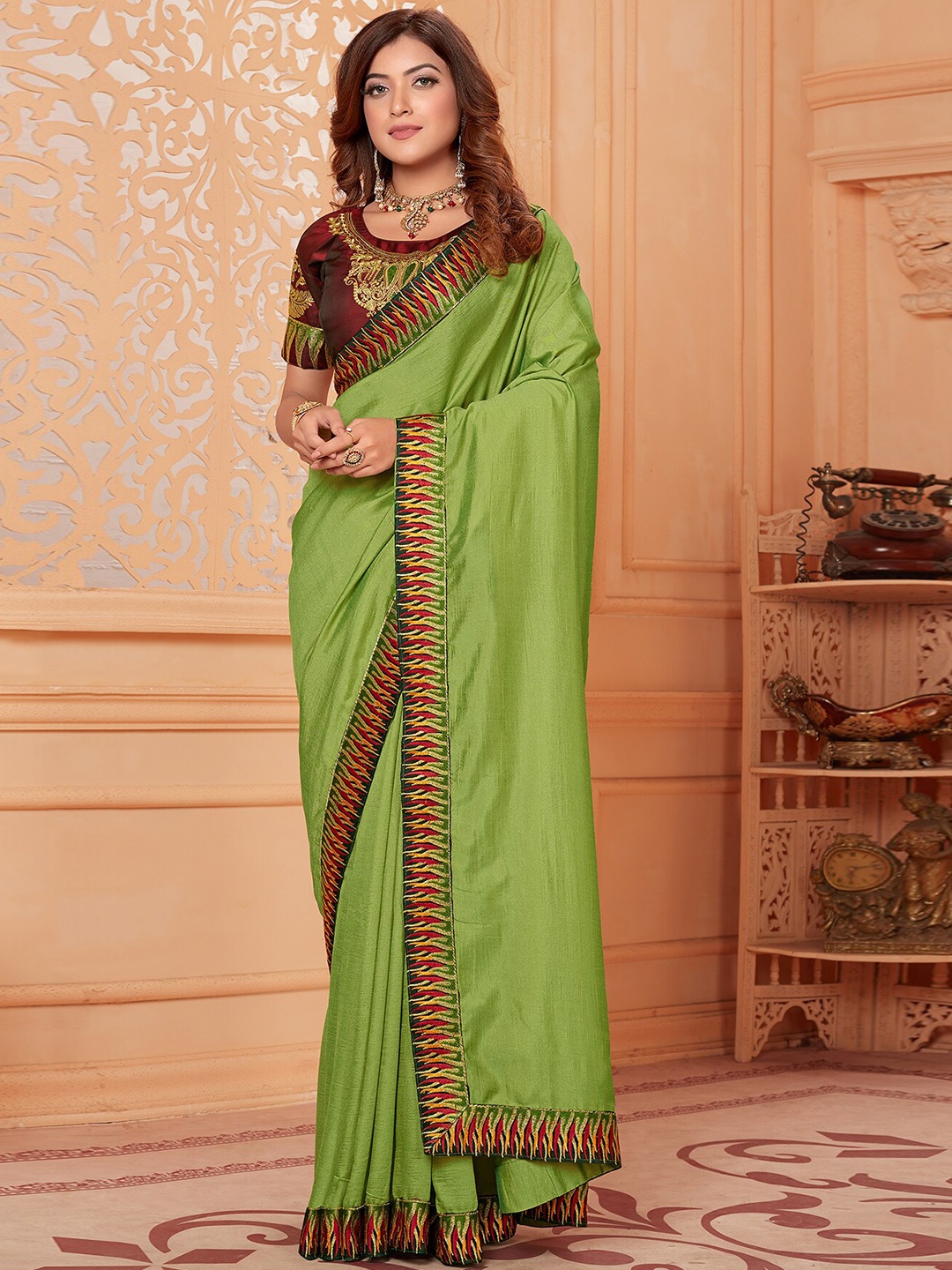 

KALINI Embroidered Silk Blend Saree, Green