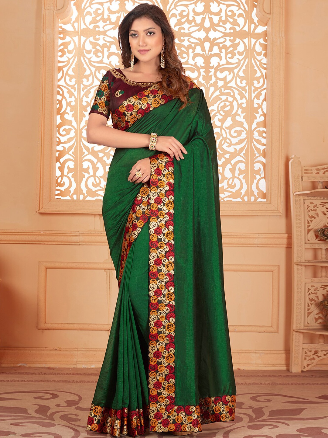 

KALINI Embellished Detail Saree, Green