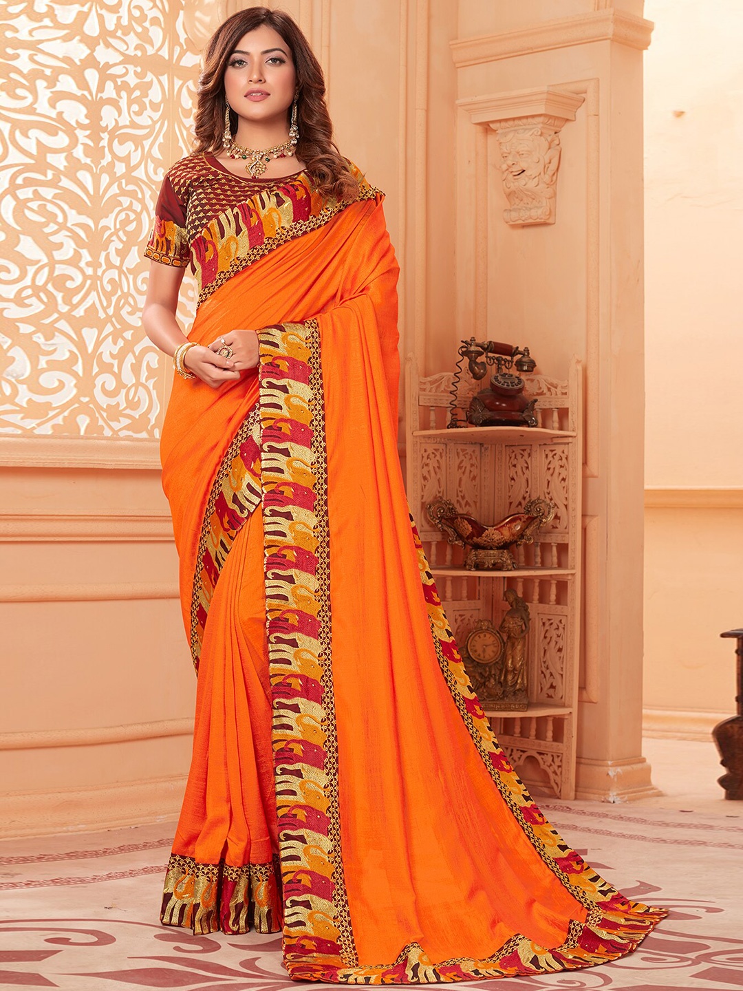 

KALINI Embroidered Silk Blend Saree, Orange