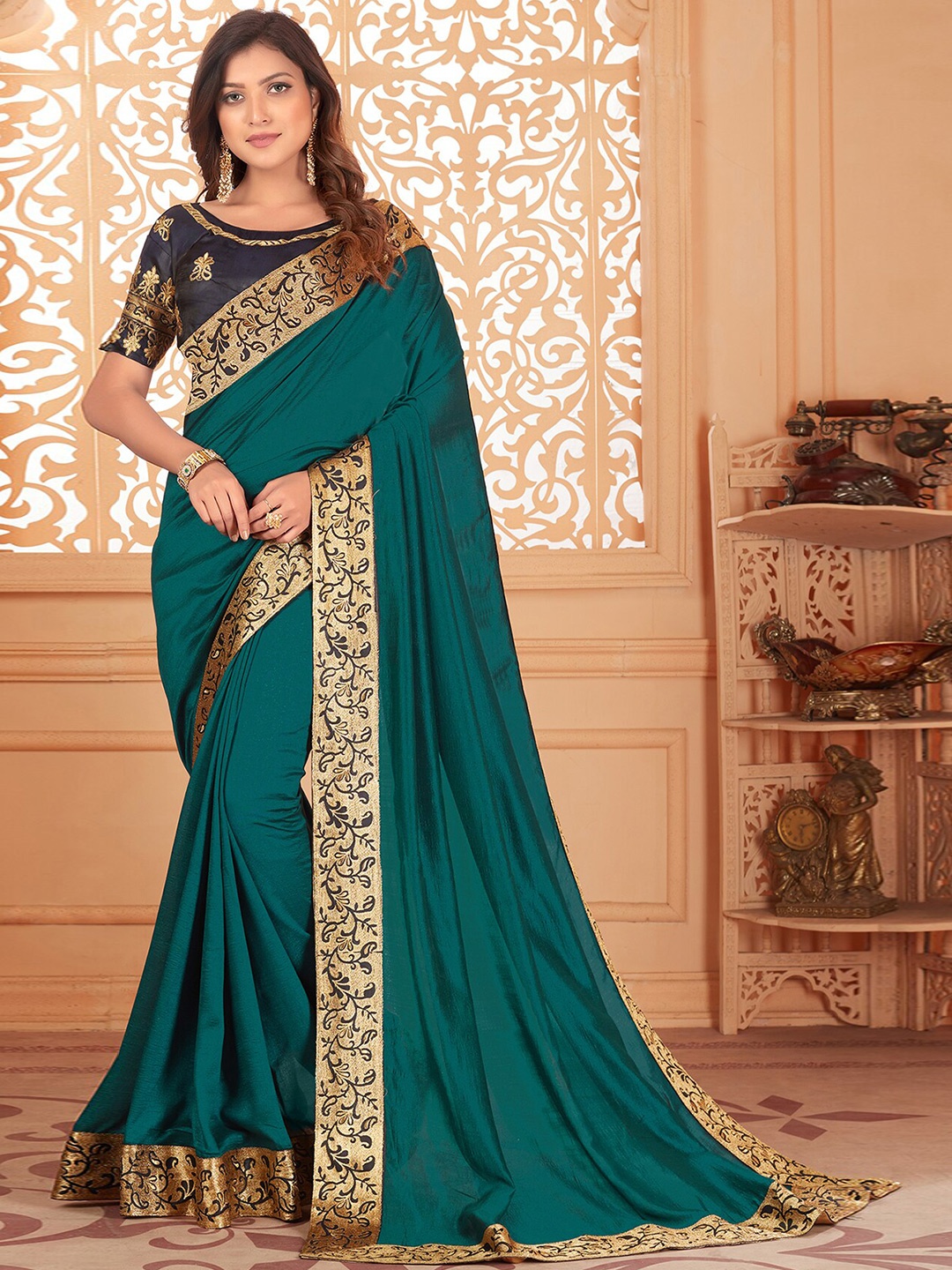 

KALINI Zari Silk Blend Saree, Teal