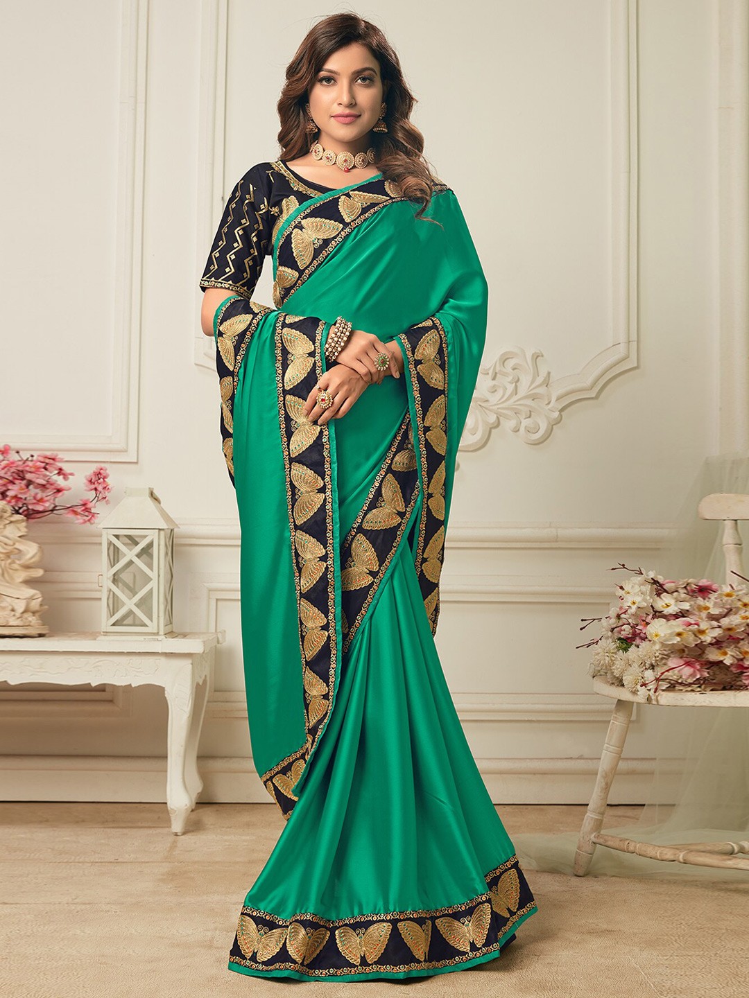 

KALINI Zari Silk Blend Saree, Green