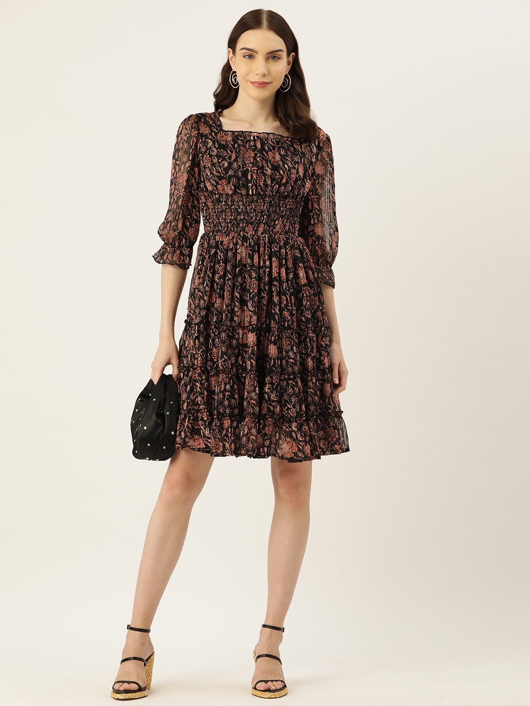 

WISSTLER Floral Print Puff Sleeves Smocked Tiered Chiffon Fit & Flare Dress, Black