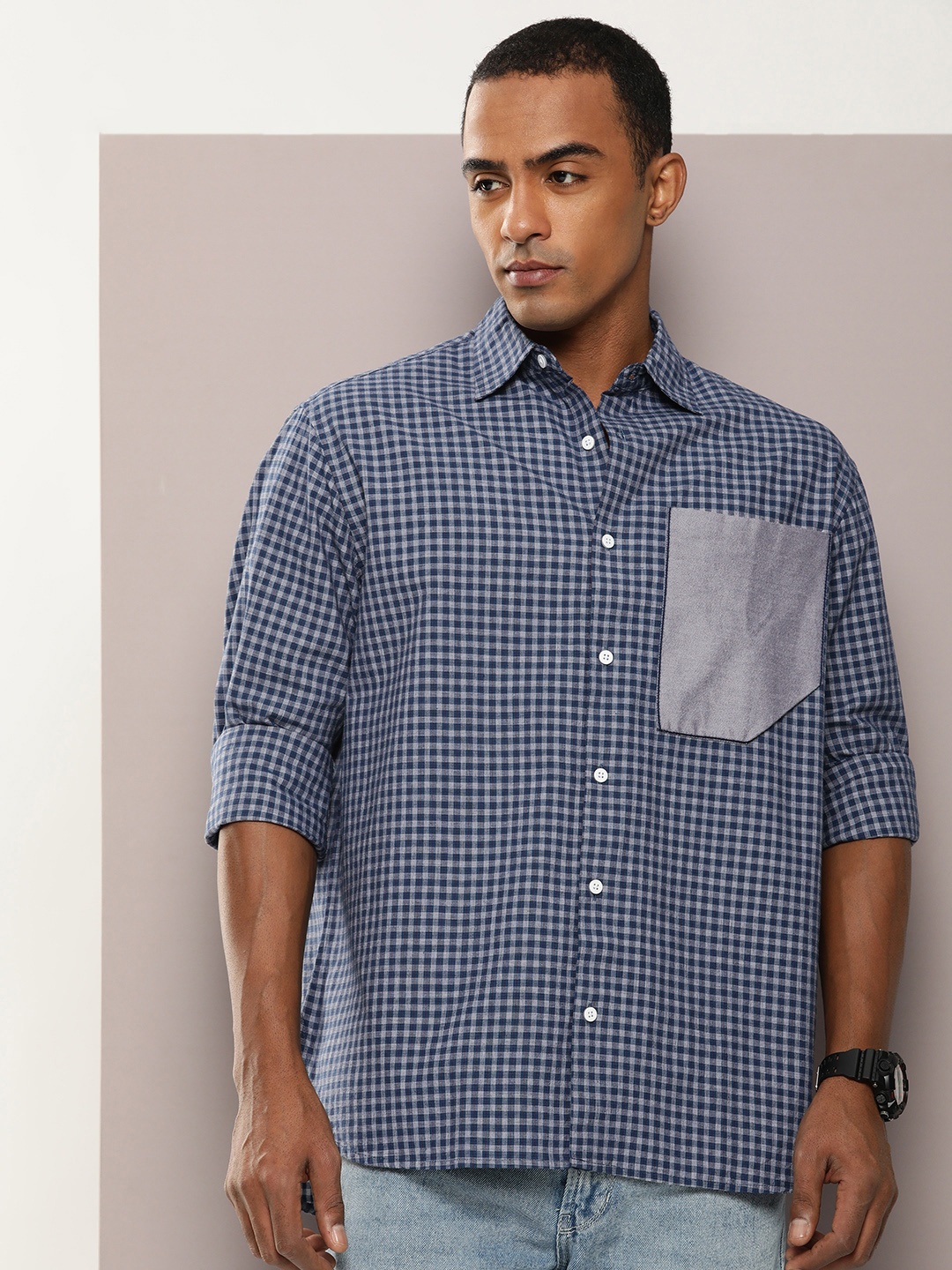 

Kook N Keech Men Relaxed Checked Pure Cotton Casual Shirt, Navy blue