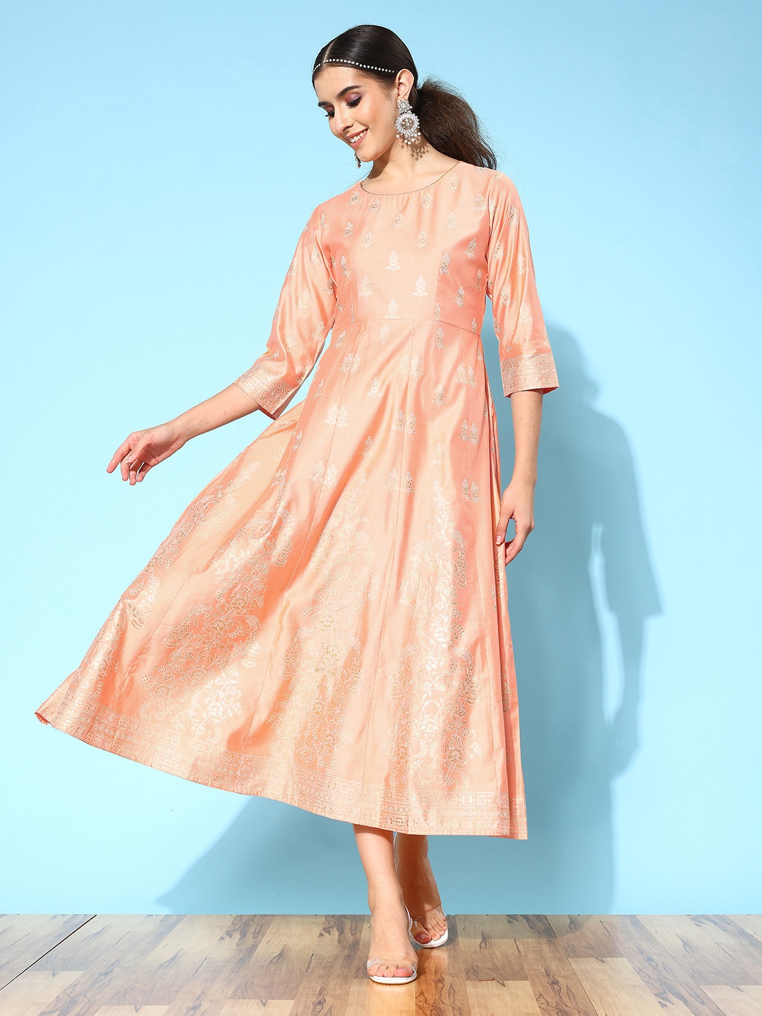 

Indo Era Floral Printed Liva A-Line Ethnic Maxi Dress, Peach