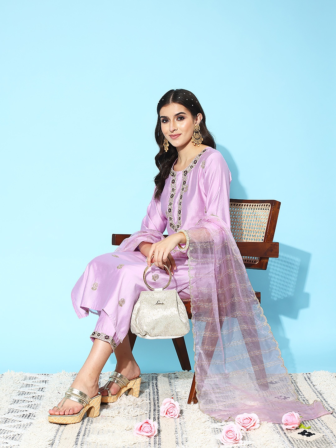 

Indo Era Women Floral Embroidered Sequinned Liva Kurta with Trousers & With Dupatta, Lavender