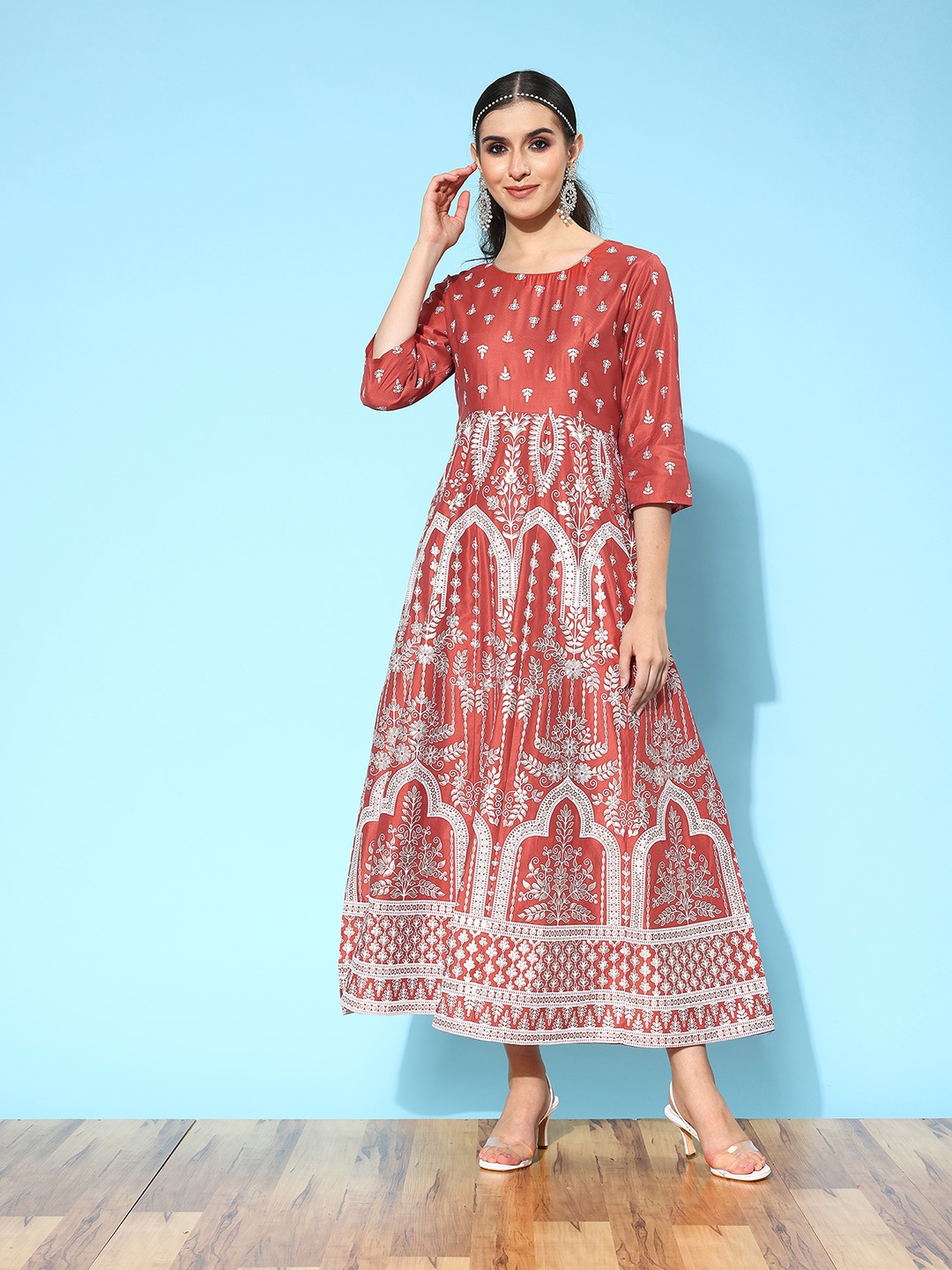 

Indo Era Floral Printed Liva A-Line Ethnic Maxi Dress, Rust