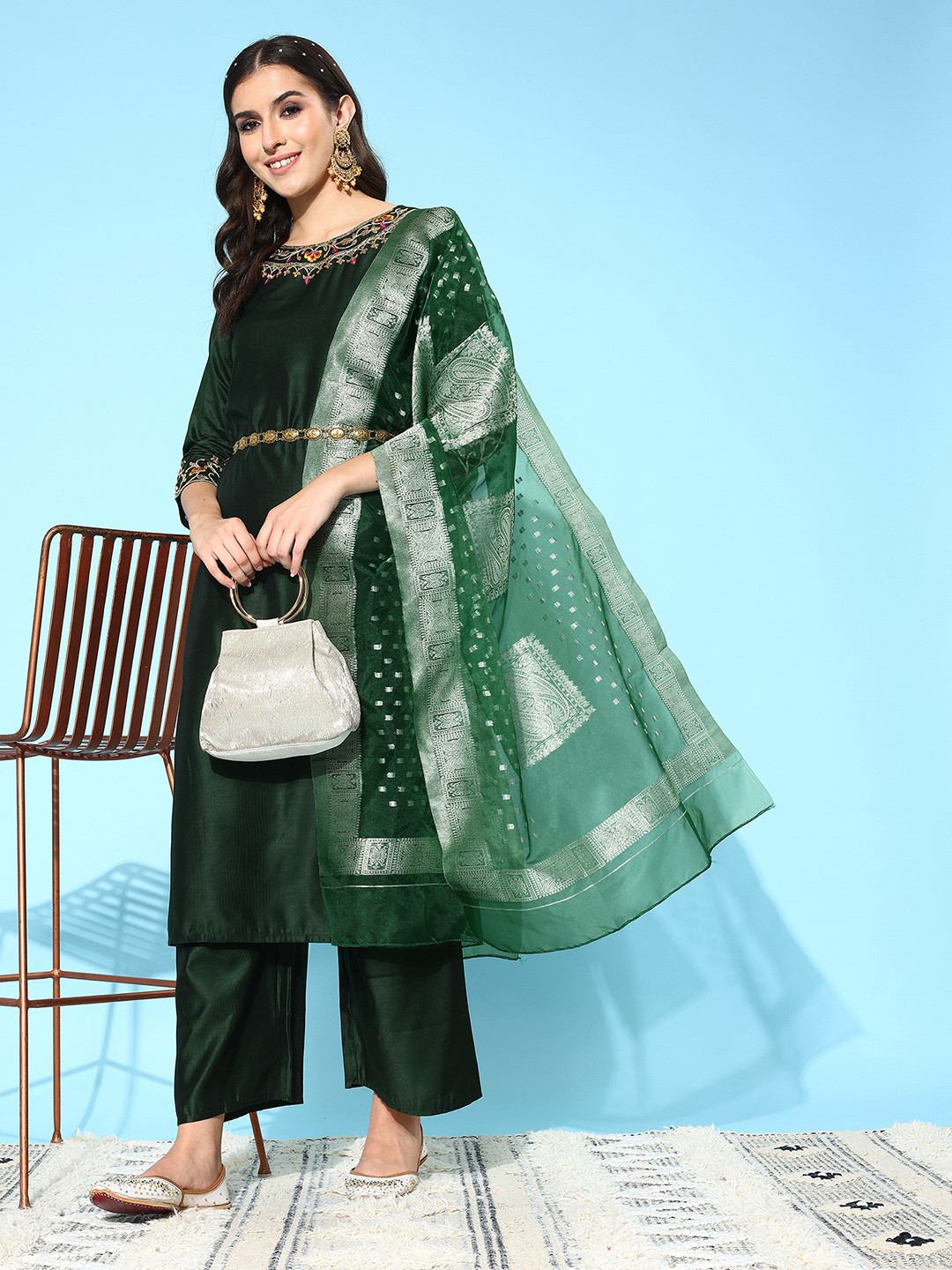 

Indo Era Women Ethnic Motifs Embroidered Regular Liva Kurta with Palazzos & With Dupatta, Green